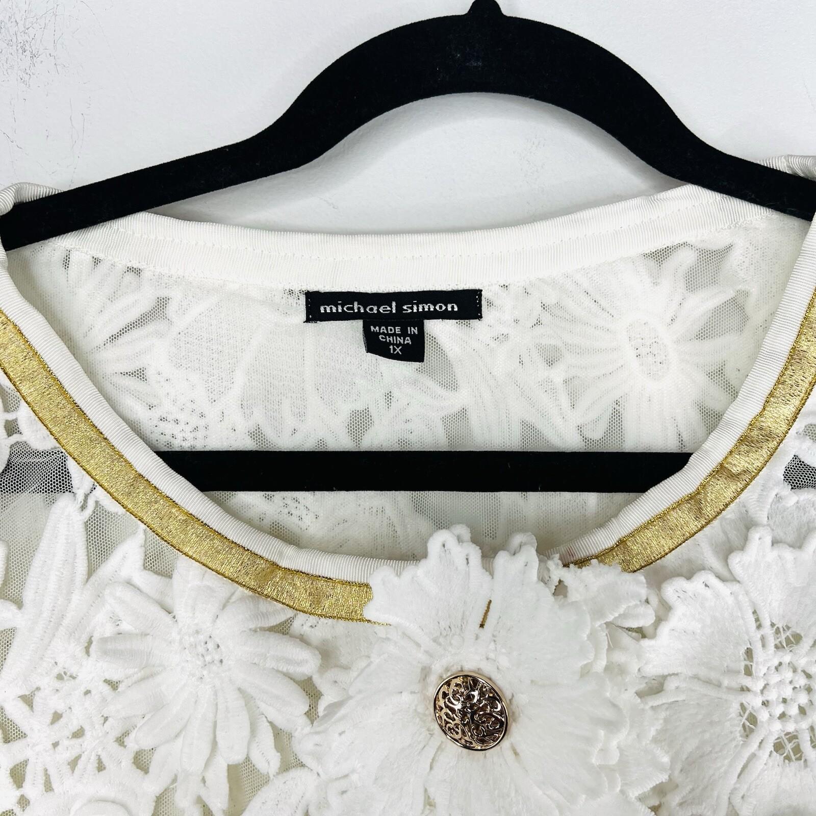 Michael Simon Vintage Floral Daisy Lace Jacket 1X White Gold Crochet Embroidered