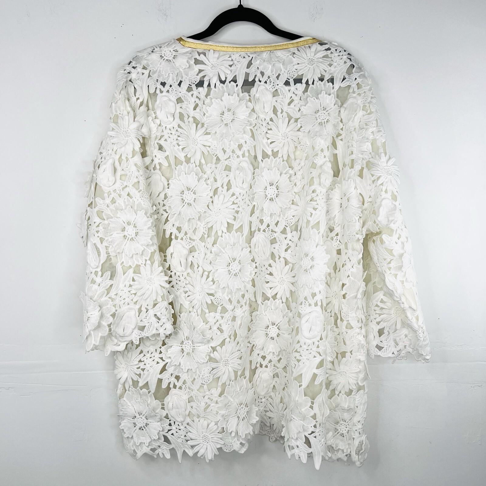 Michael Simon Vintage Floral Daisy Lace Jacket 1X White Gold Crochet Embroidered