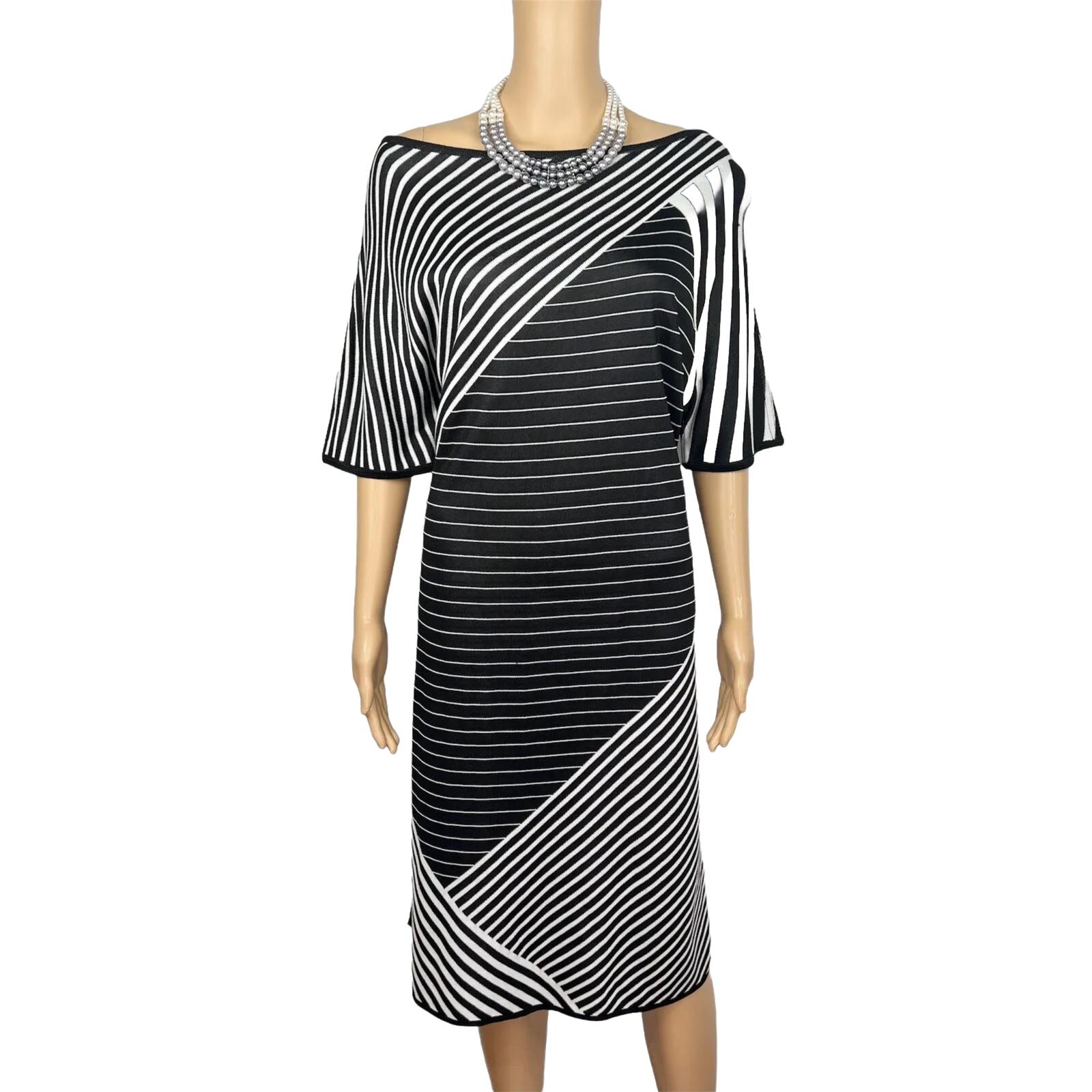 St John Sport Knit Dress Size Large Black White Striped Sheath Kimono Sleeves