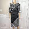 St John Sport Knit Dress Size Large Black White Striped Sheath Kimono Sleeves