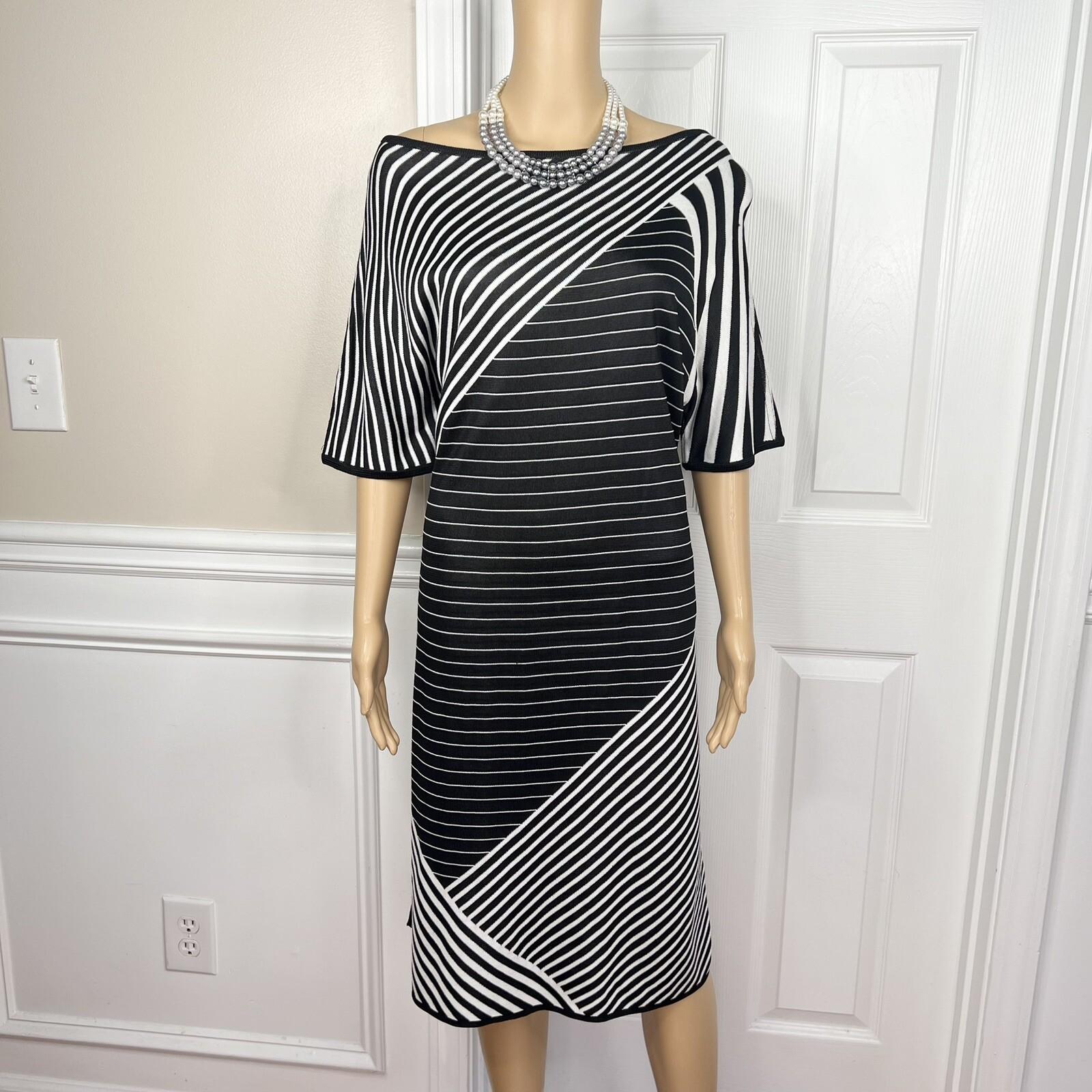 St John Sport Knit Dress Size Large Black White Striped Sheath Kimono Sleeves