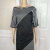 St John Sport Knit Dress Size Large Black White Striped Sheath Kimono Sleeves