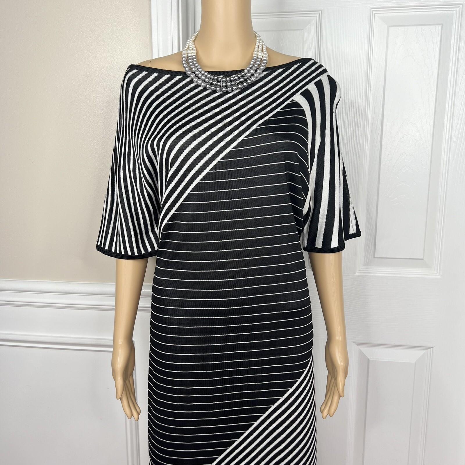 St John Sport Knit Dress Size Large Black White Striped Sheath Kimono Sleeves