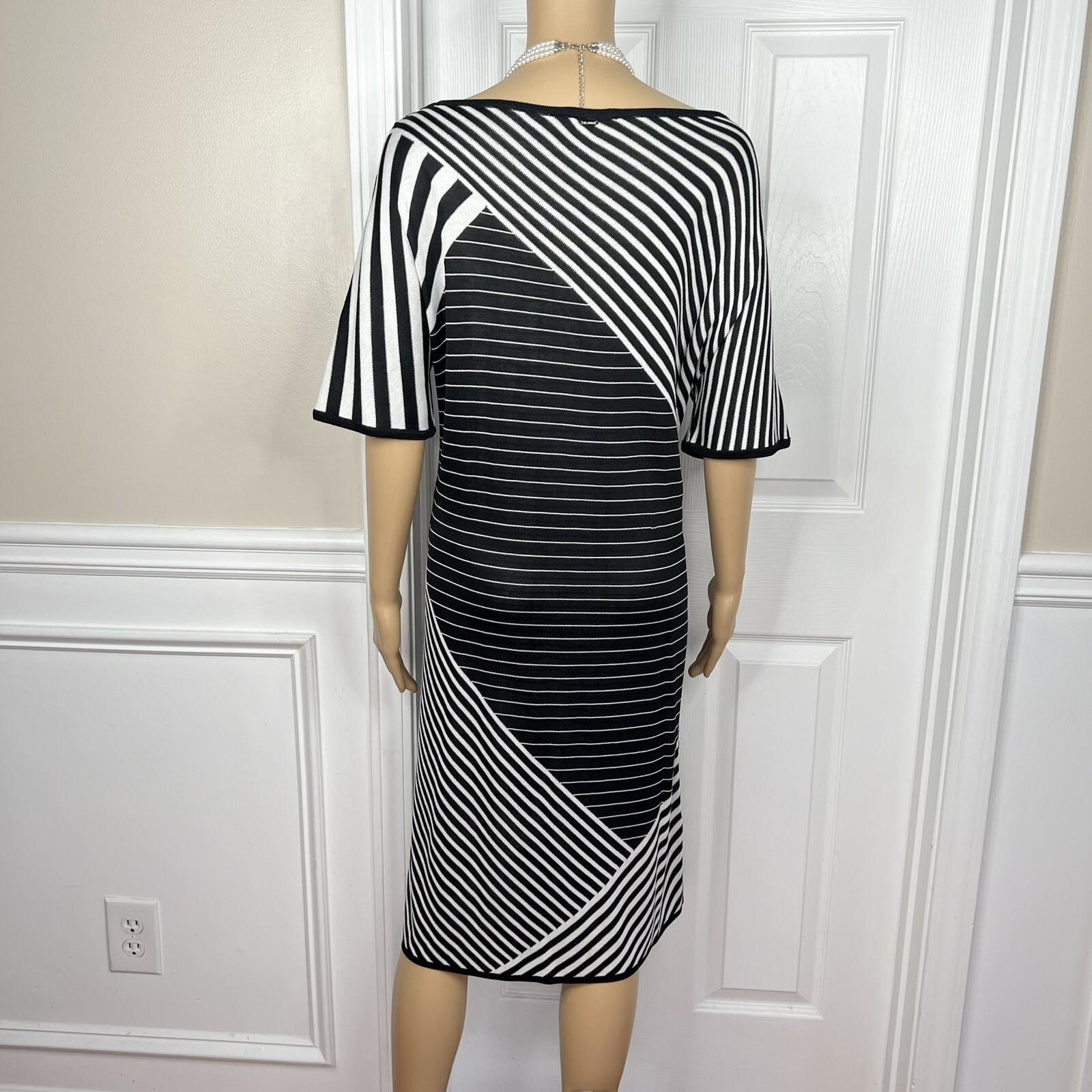 St John Sport Knit Dress Size Large Black White Striped Sheath Kimono Sleeves