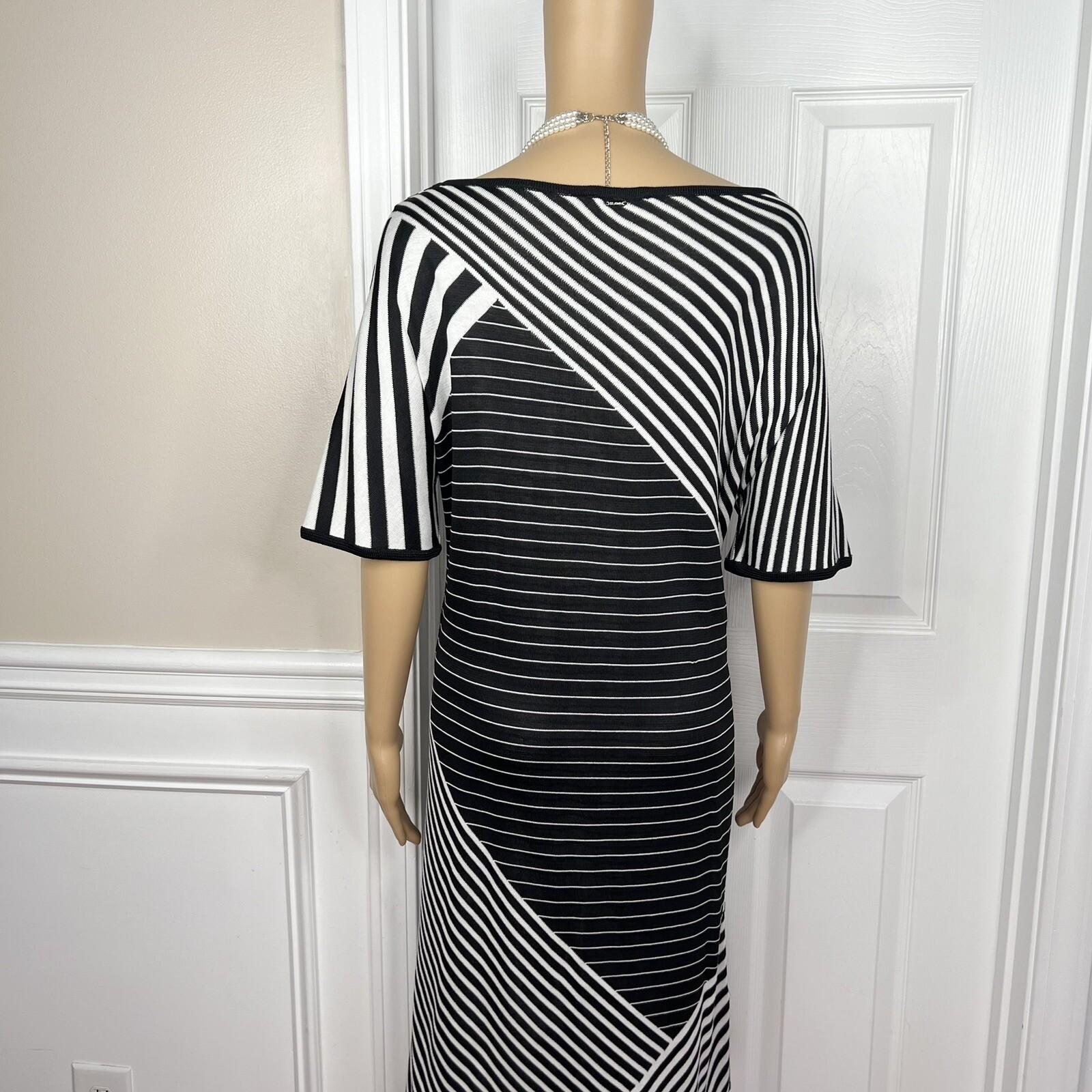 St John Sport Knit Dress Size Large Black White Striped Sheath Kimono Sleeves