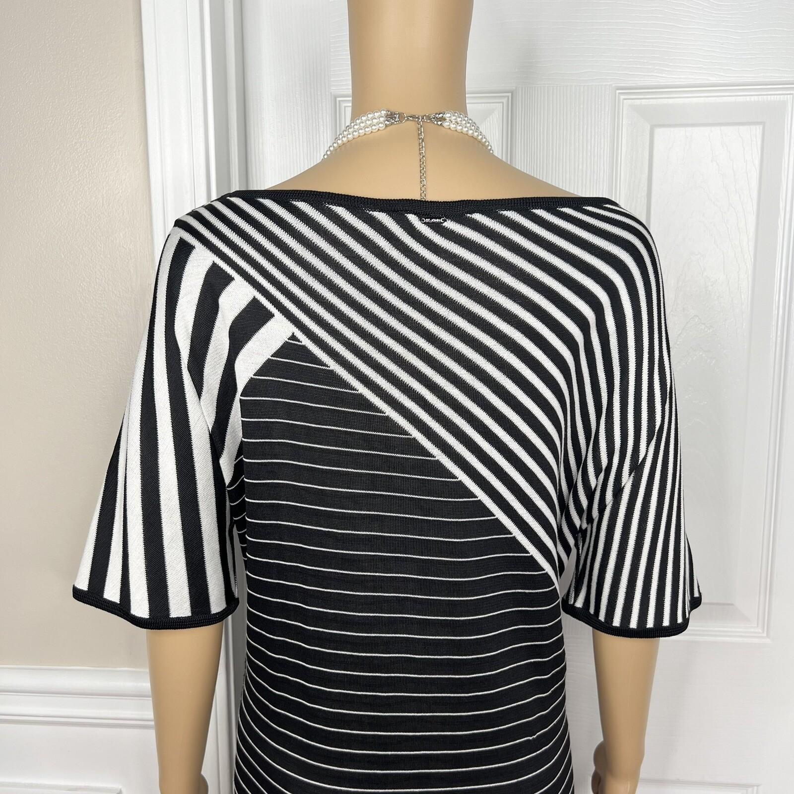 St John Sport Knit Dress Size Large Black White Striped Sheath Kimono Sleeves