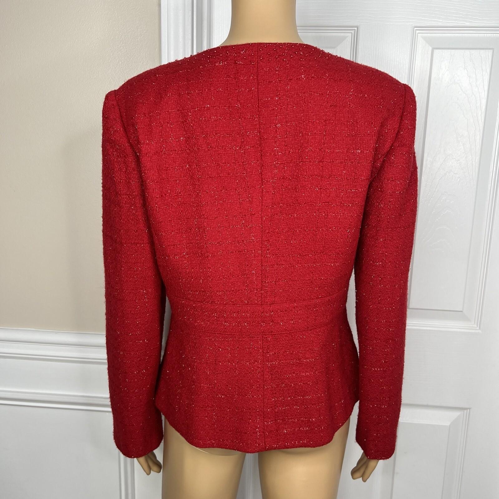 Adrianna Papell Acrylic Polyester Metallic Blazer Size 8 Red Beaded Collarless