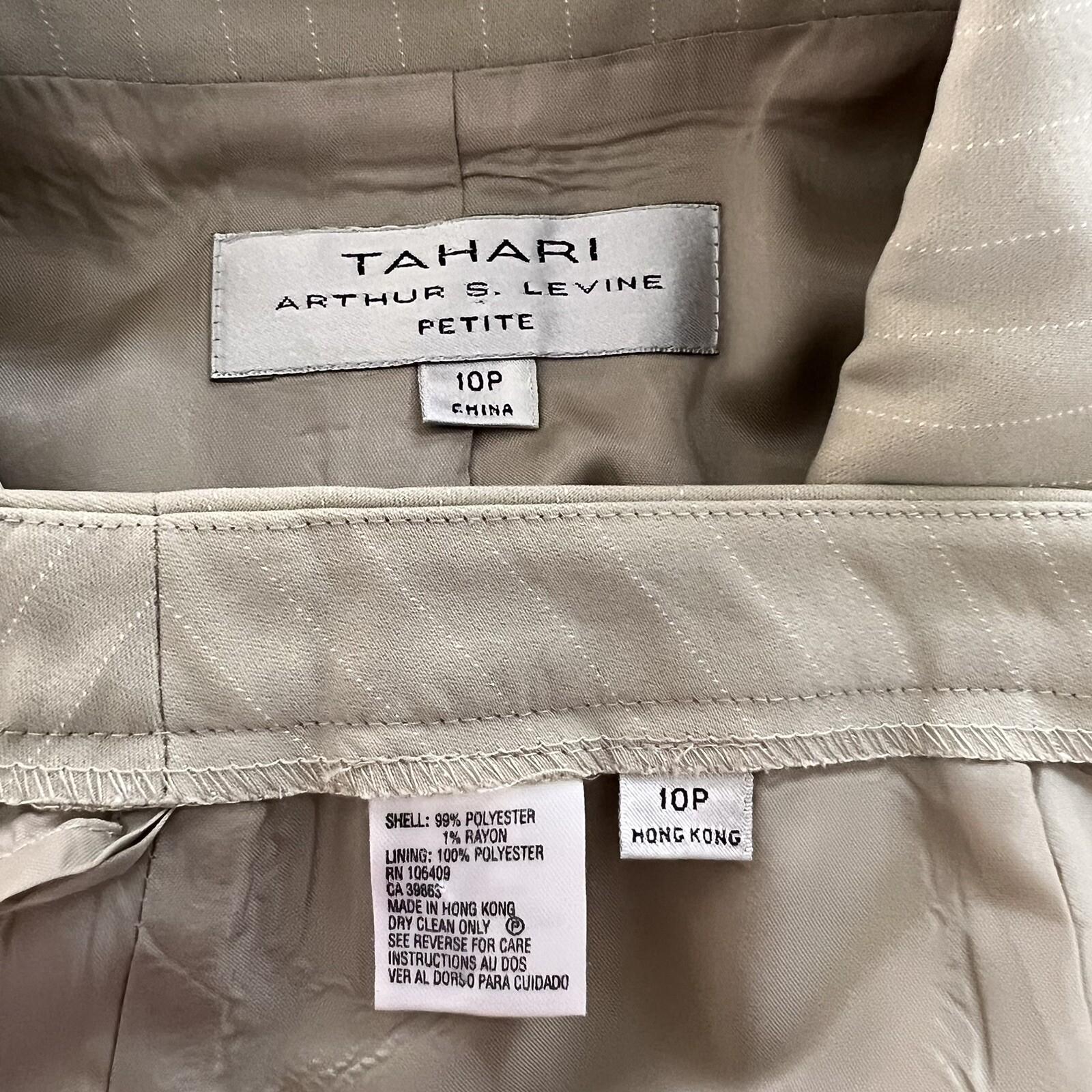TAHARI ASL 2PC Beige Striped Polyester Rayon Notch Collar Pant Suit Size 10P