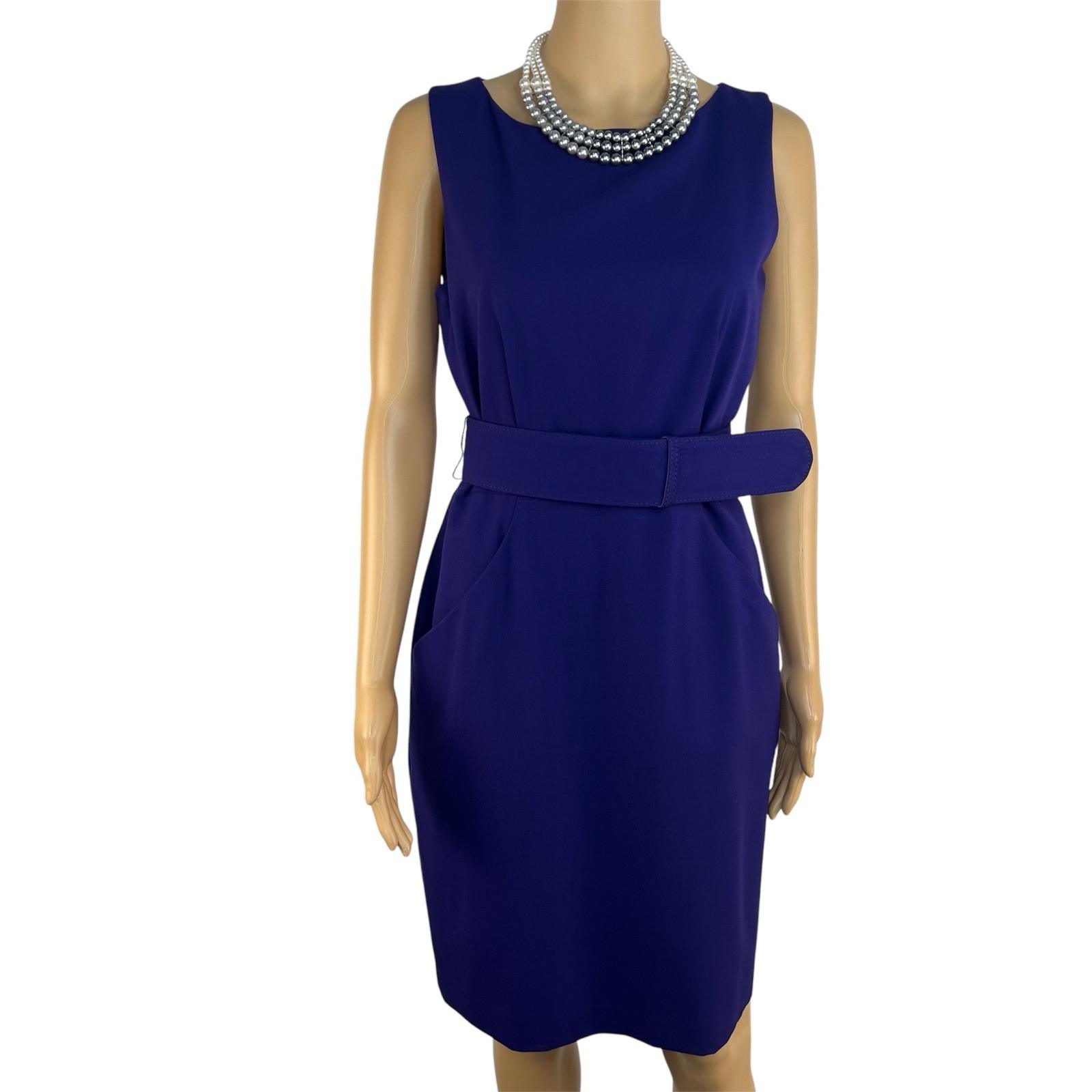 Calvin Klein Sheath Dress 8 Purple Belted Pockets Scoop Neck Knee Length Career