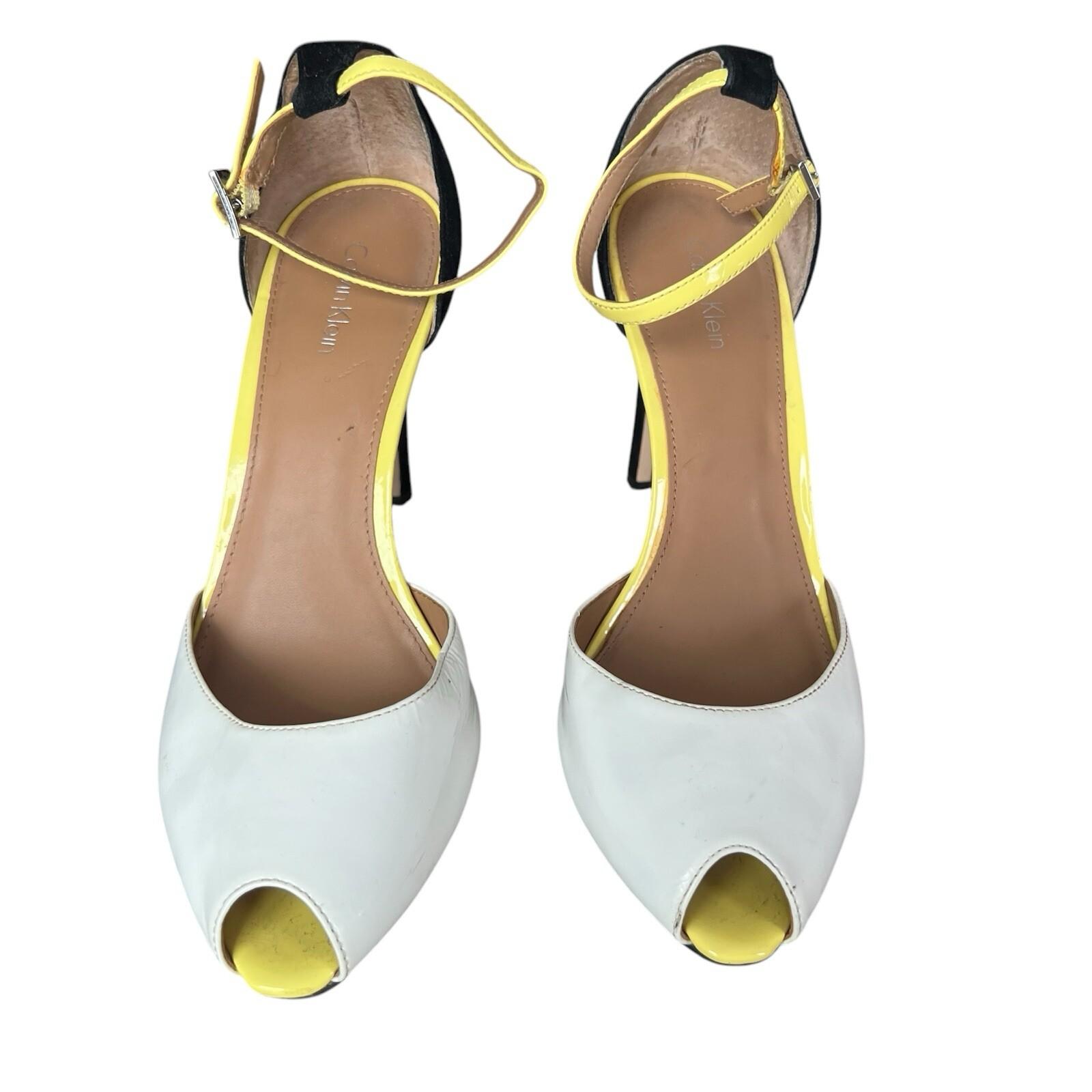 Calvin Klein Peep Toes Shoes 9M Black White Yellow Suede Ankle Strap Stiletto