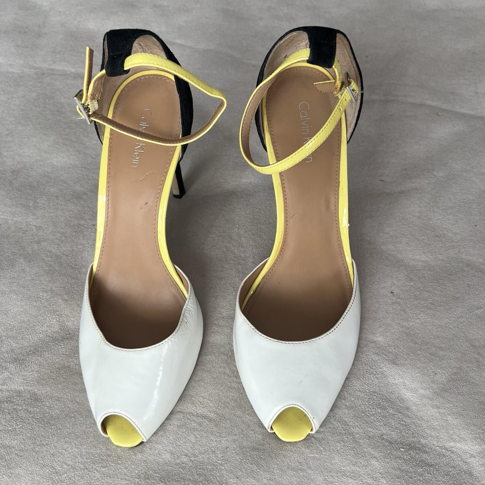 Calvin Klein Peep Toes Shoes 9M Black White Yellow Suede Ankle Strap Stiletto