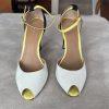 Calvin Klein Peep Toes Shoes 9M Black White Yellow Suede Ankle Strap Stiletto