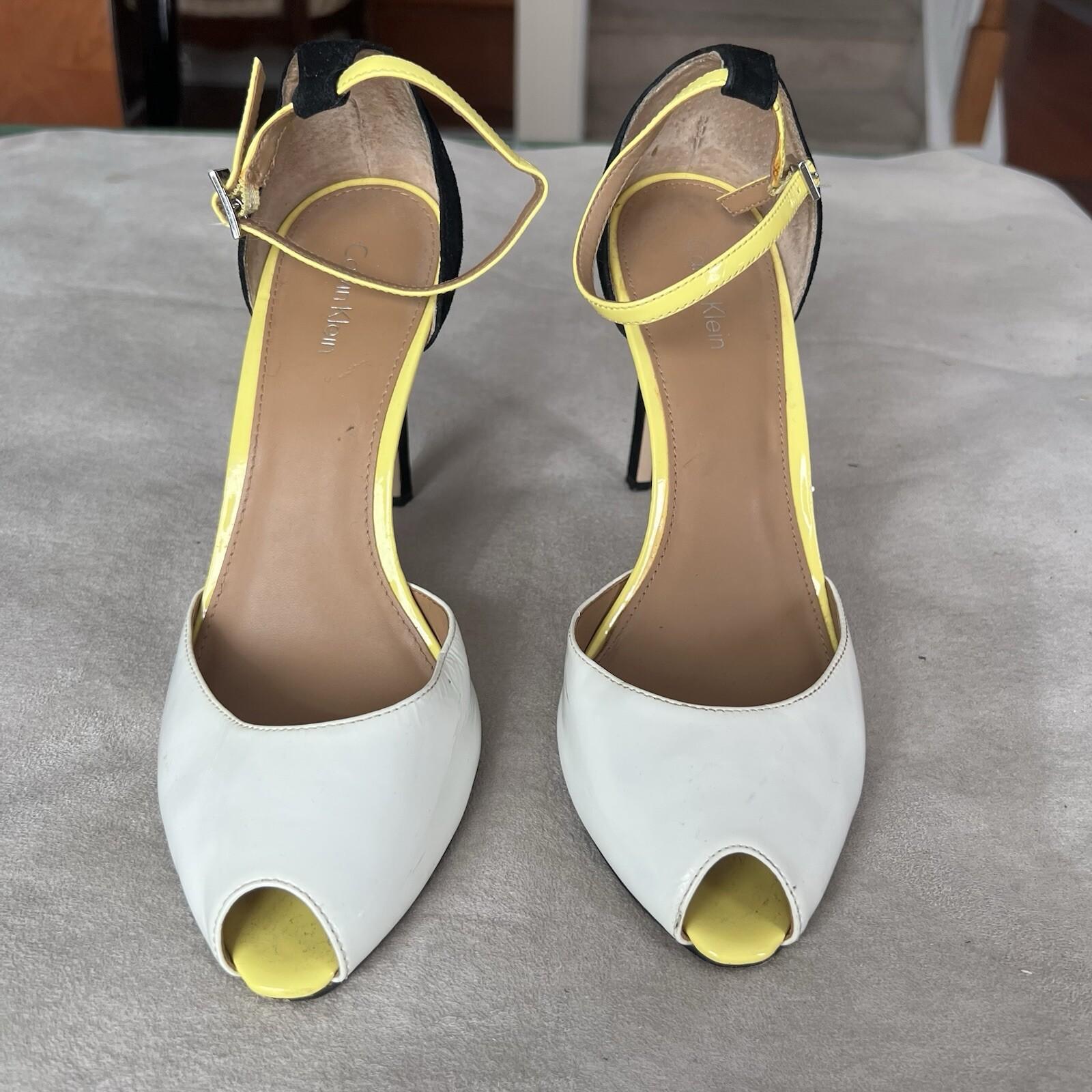 Calvin Klein Peep Toes Shoes 9M Black White Yellow Suede Ankle Strap Stiletto