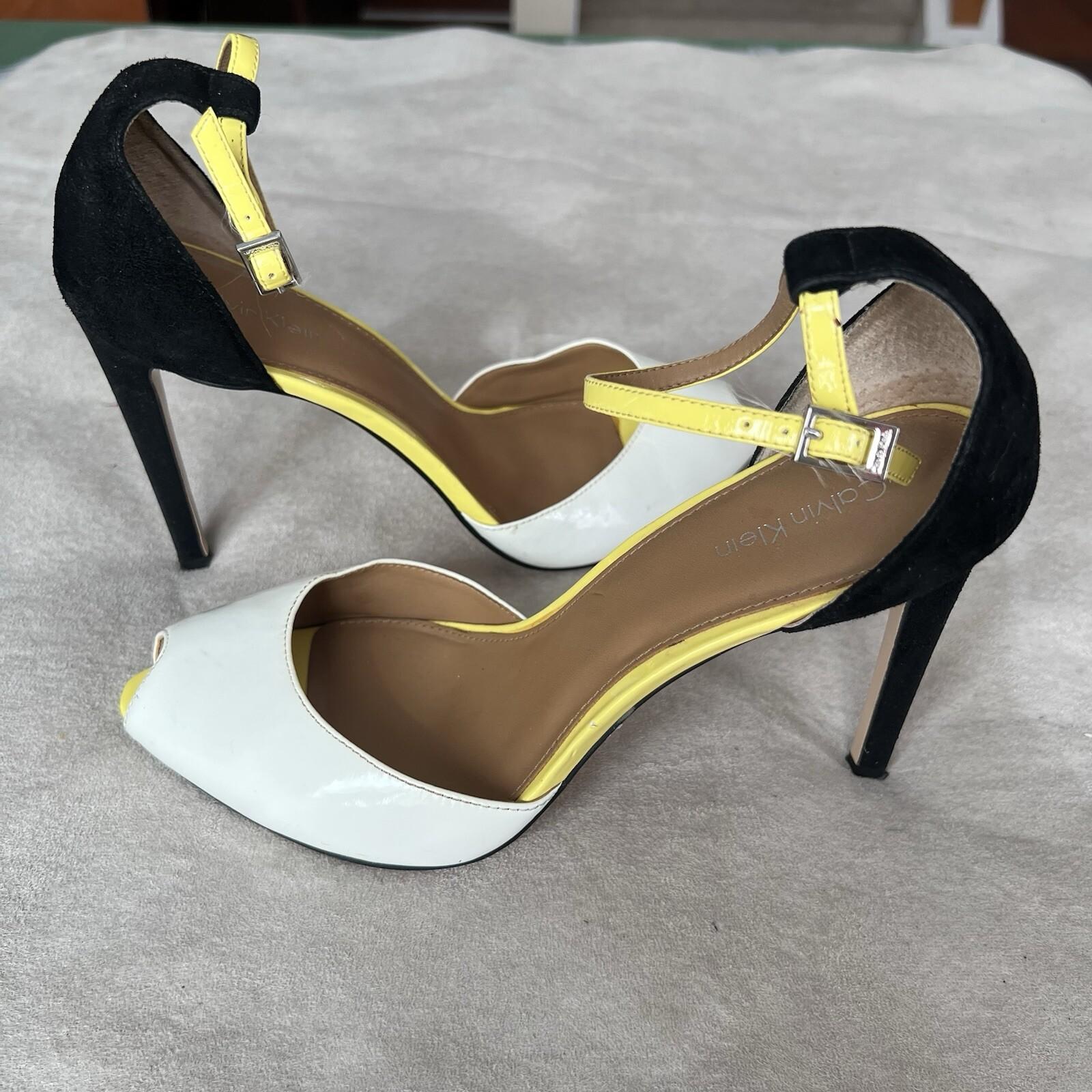 Calvin Klein Peep Toes Shoes 9M Black White Yellow Suede Ankle Strap Stiletto