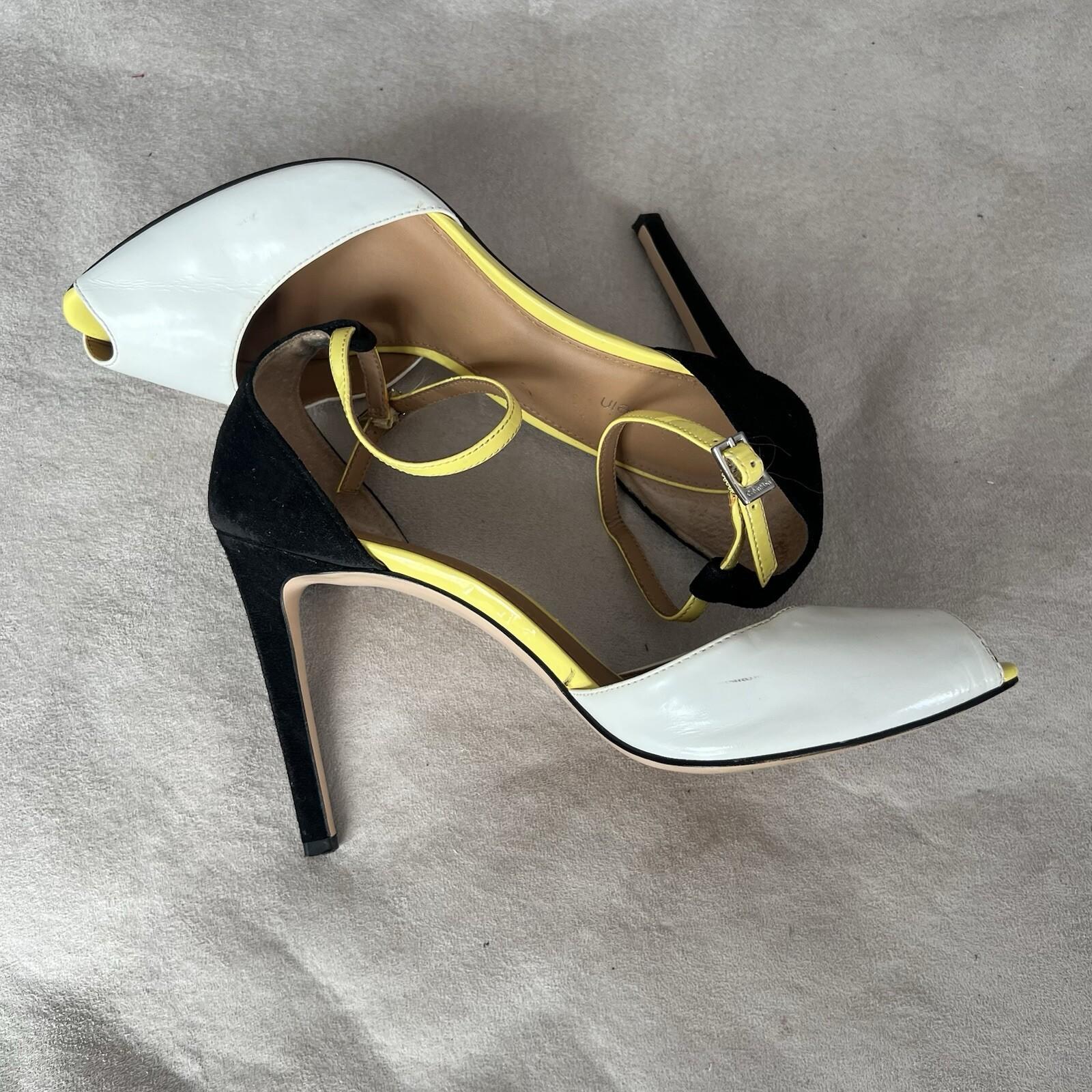 Calvin Klein Peep Toes Shoes 9M Black White Yellow Suede Ankle Strap Stiletto
