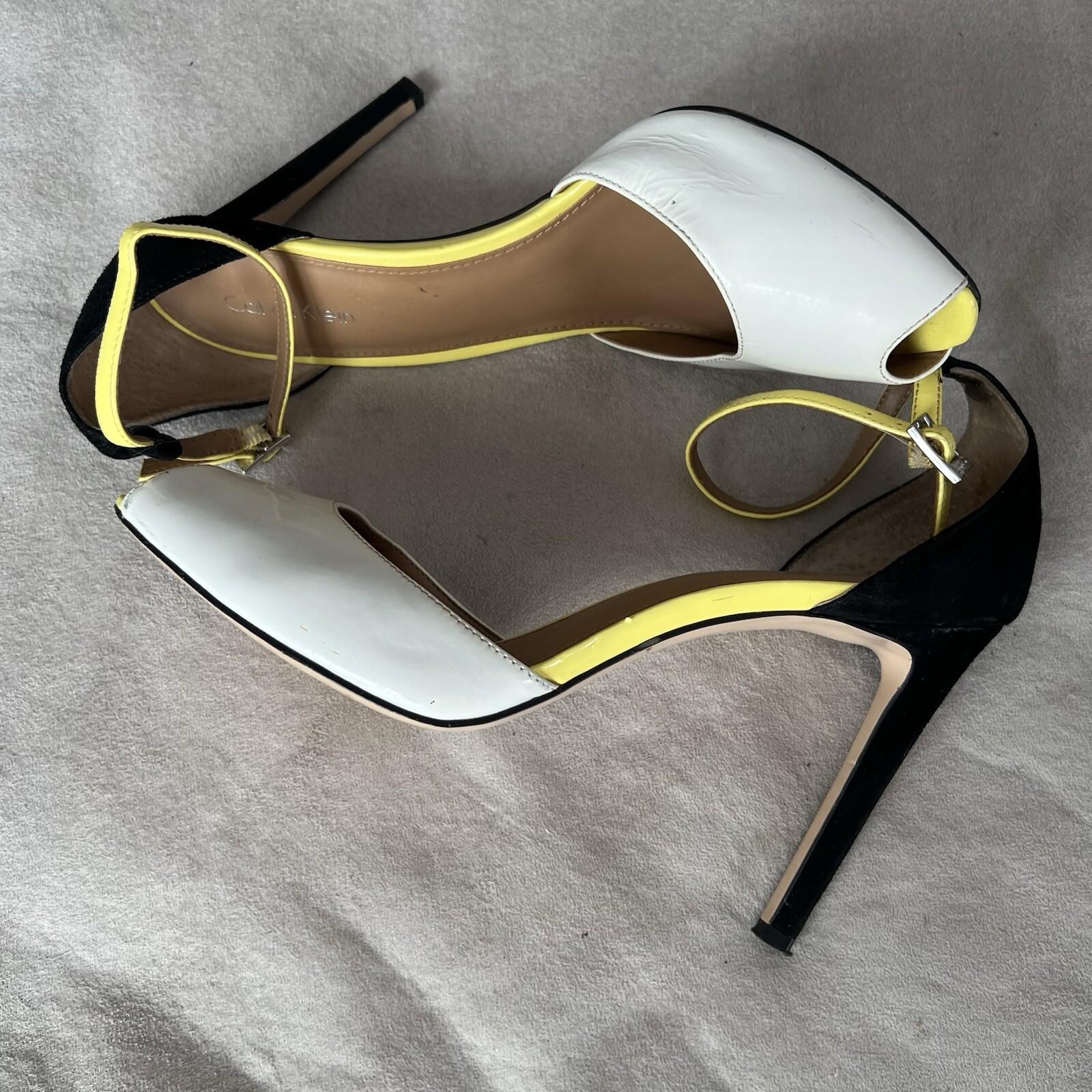 Calvin Klein Peep Toes Shoes 9M Black White Yellow Suede Ankle Strap Stiletto