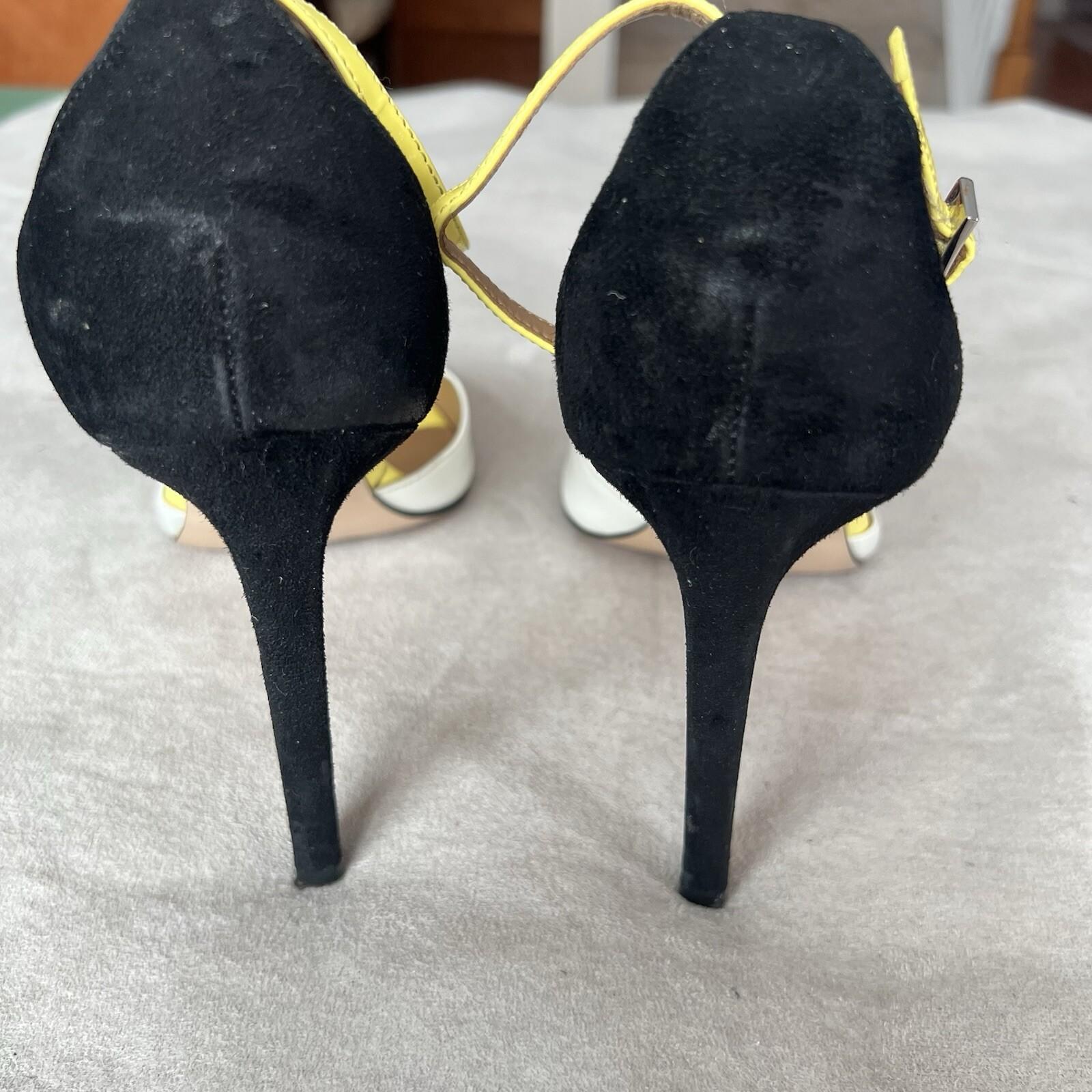Calvin Klein Peep Toes Shoes 9M Black White Yellow Suede Ankle Strap Stiletto