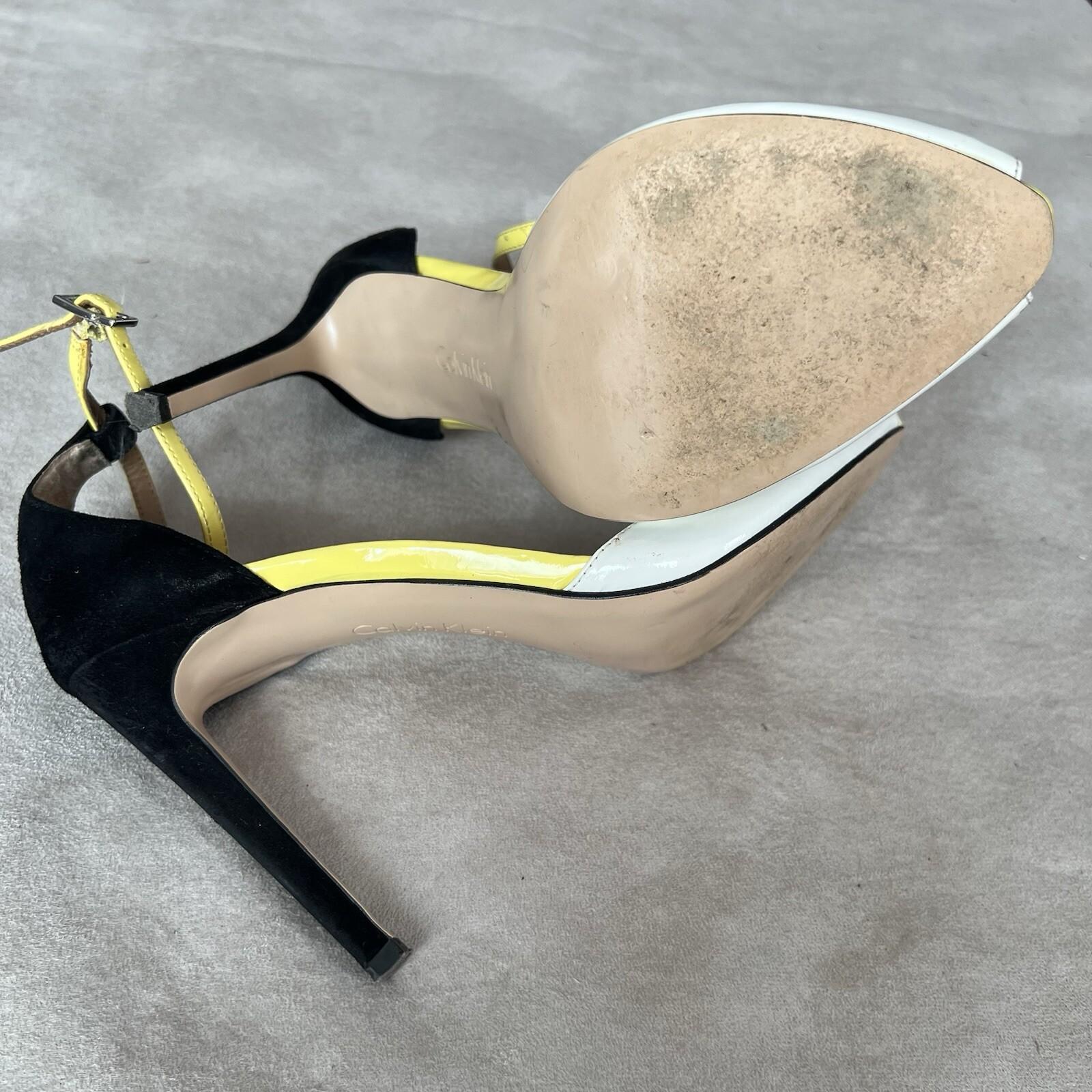 Calvin Klein Peep Toes Shoes 9M Black White Yellow Suede Ankle Strap Stiletto