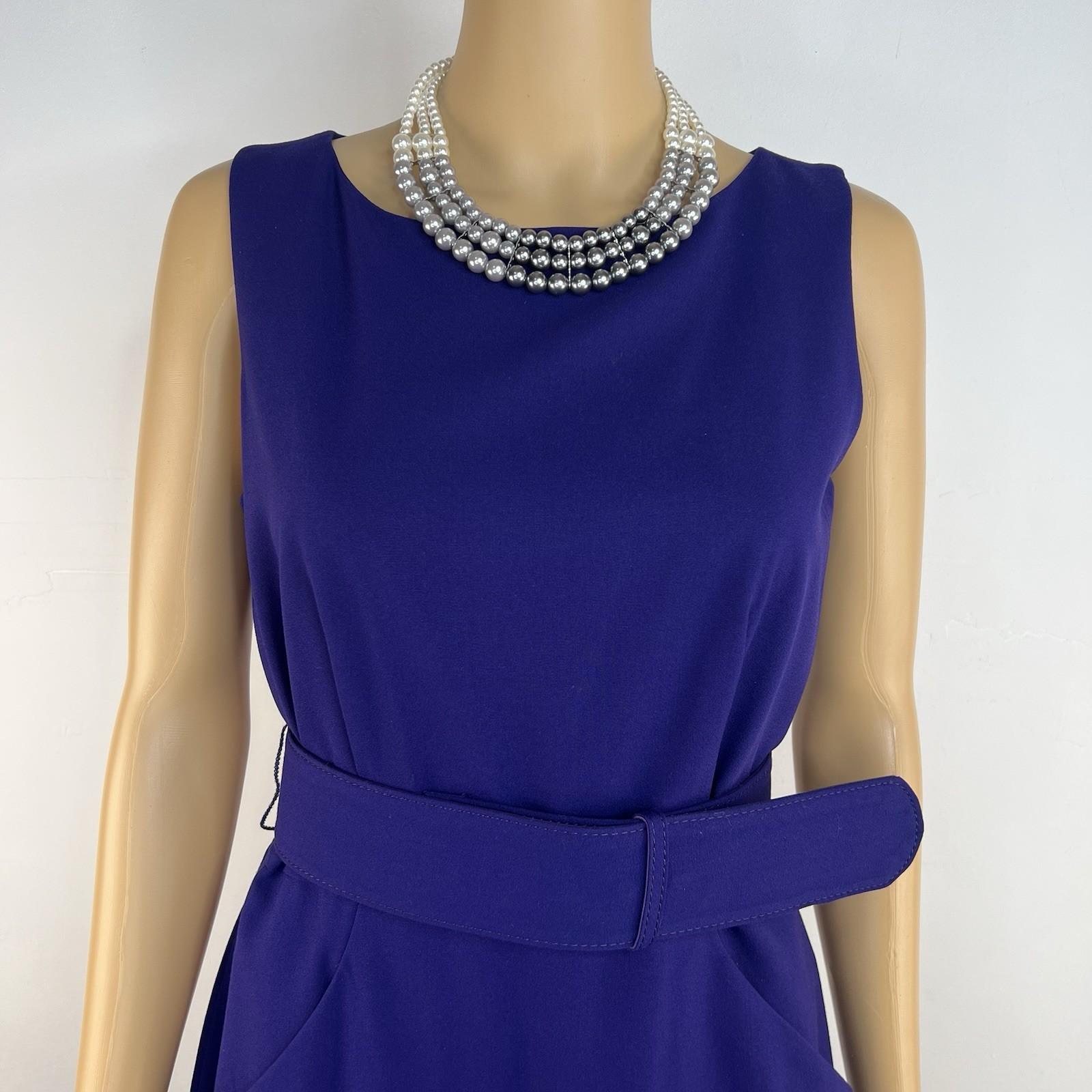 Calvin Klein Sheath Dress 8 Purple Belted Pockets Scoop Neck Knee Length Career