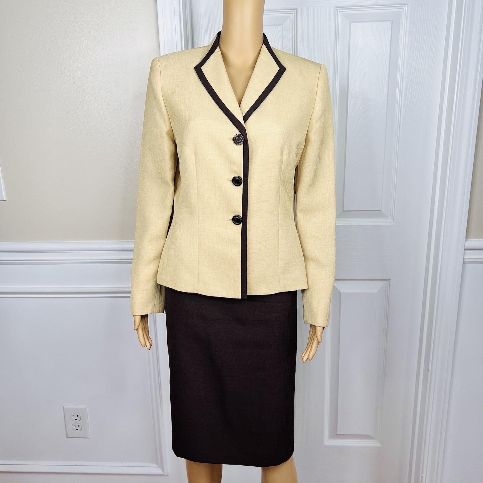 LE SUIT 2PC Brown Yellow Polyester Lined Peak Collar Cocktail Skirt Suit Size 8