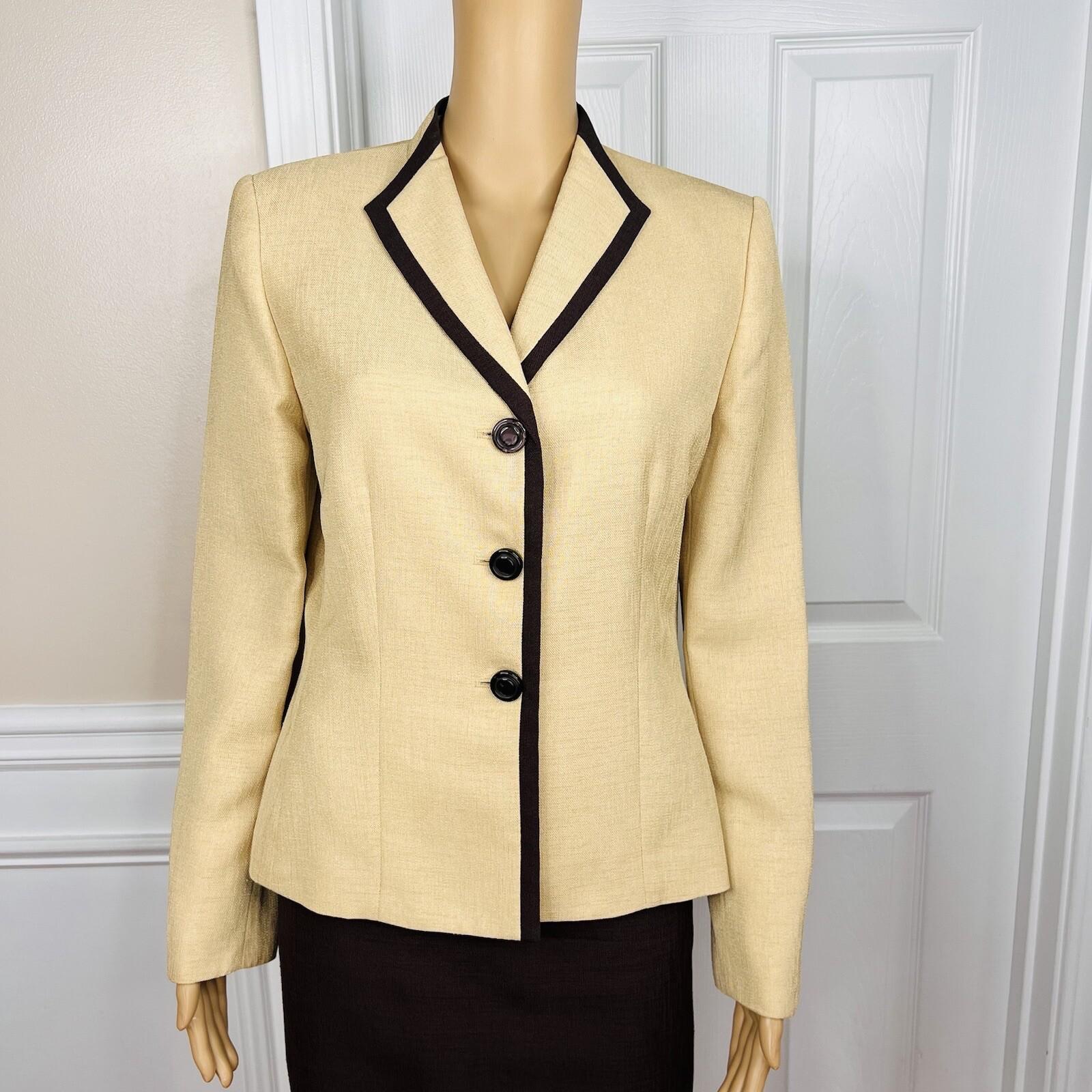 LE SUIT 2PC Brown Yellow Polyester Lined Peak Collar Cocktail Skirt Suit Size 8