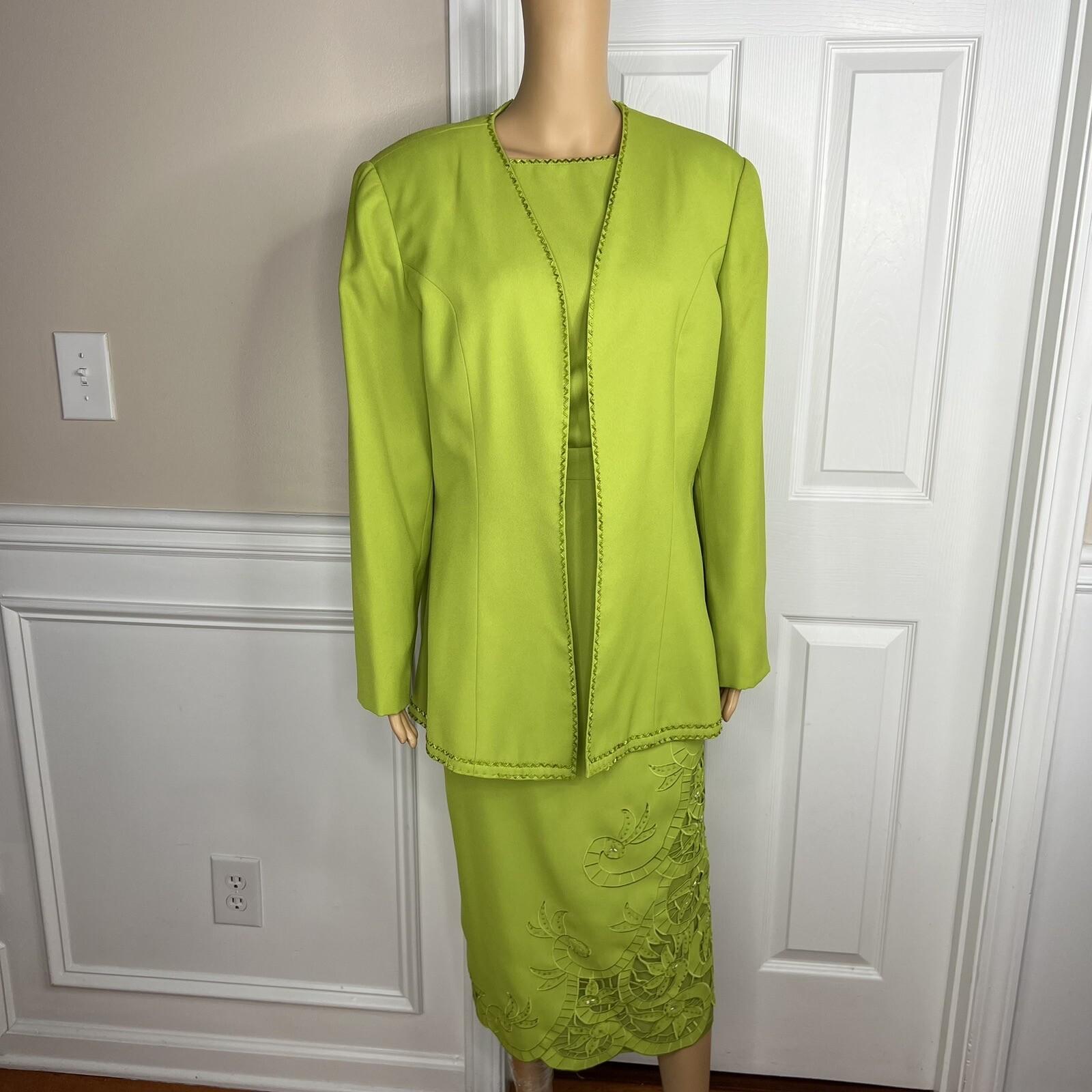 K&B Polyester Skirt Suit Top 16 Lime Green Embroidered Beaded Open Front 2PC