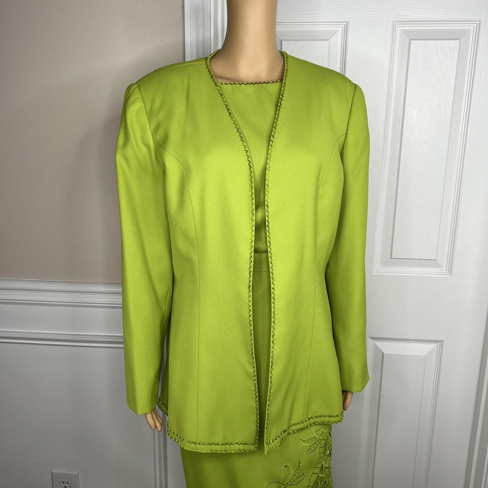 K&B Polyester Skirt Suit Top 16 Lime Green Embroidered Beaded Open Front 2PC
