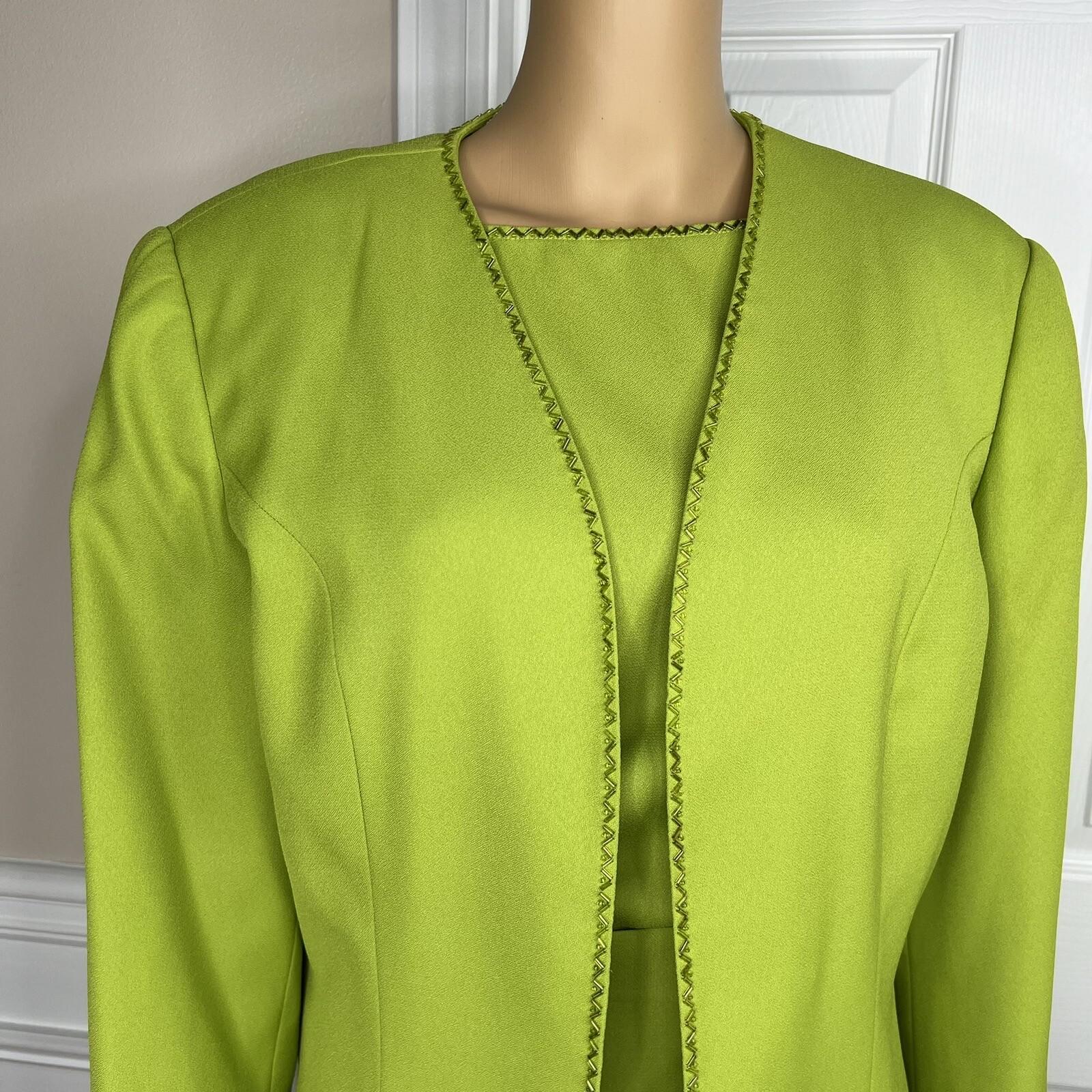 K&B Polyester Skirt Suit Top 16 Lime Green Embroidered Beaded Open Front 2PC