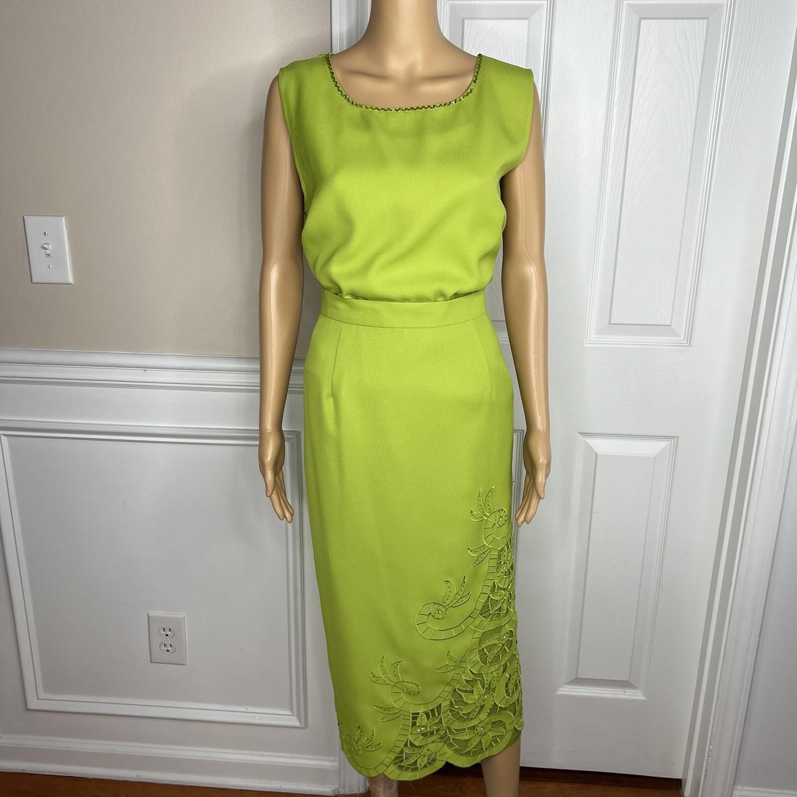 K&B Polyester Skirt Suit Top 16 Lime Green Embroidered Beaded Open Front 2PC