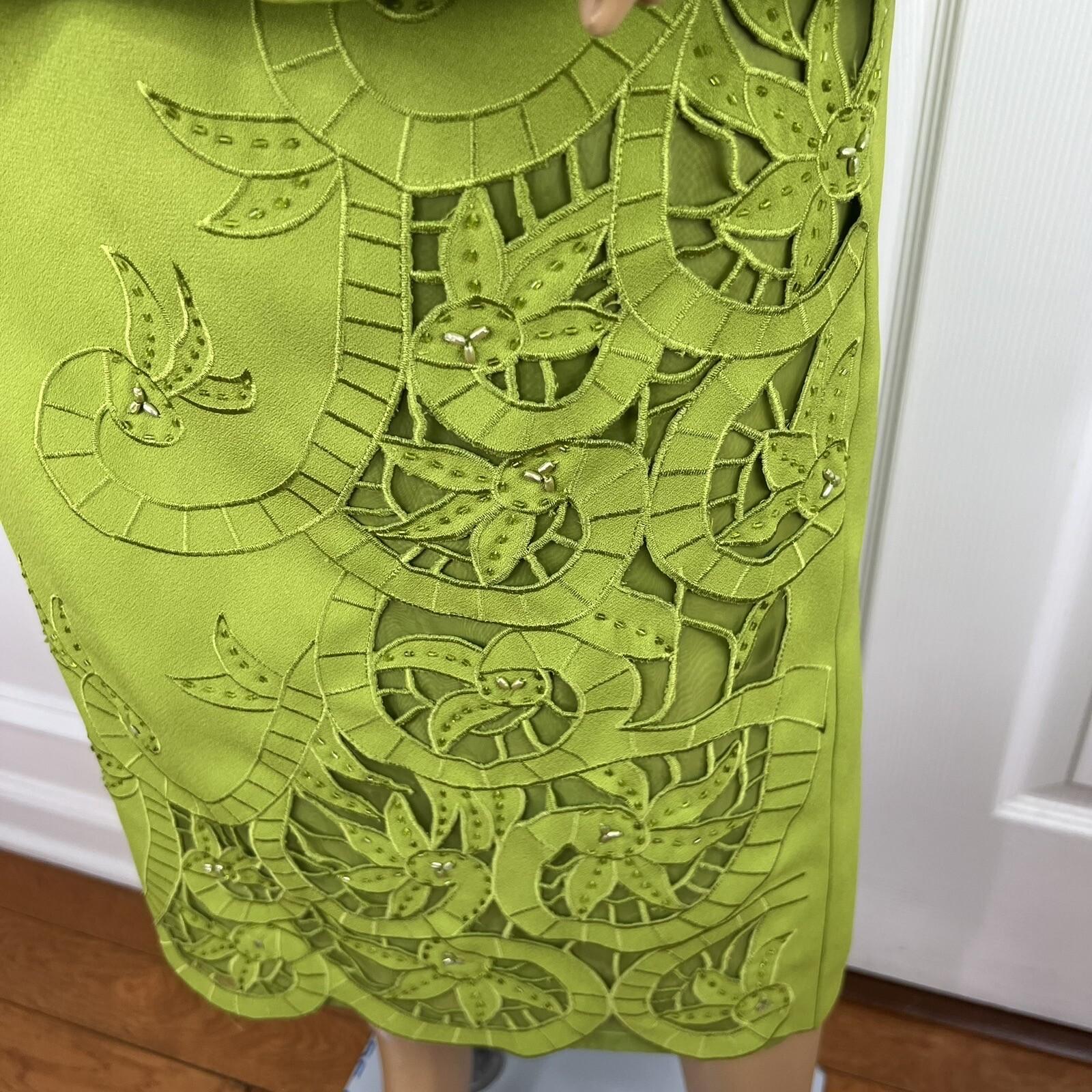 K&B Polyester Skirt Suit Top 16 Lime Green Embroidered Beaded Open Front 2PC