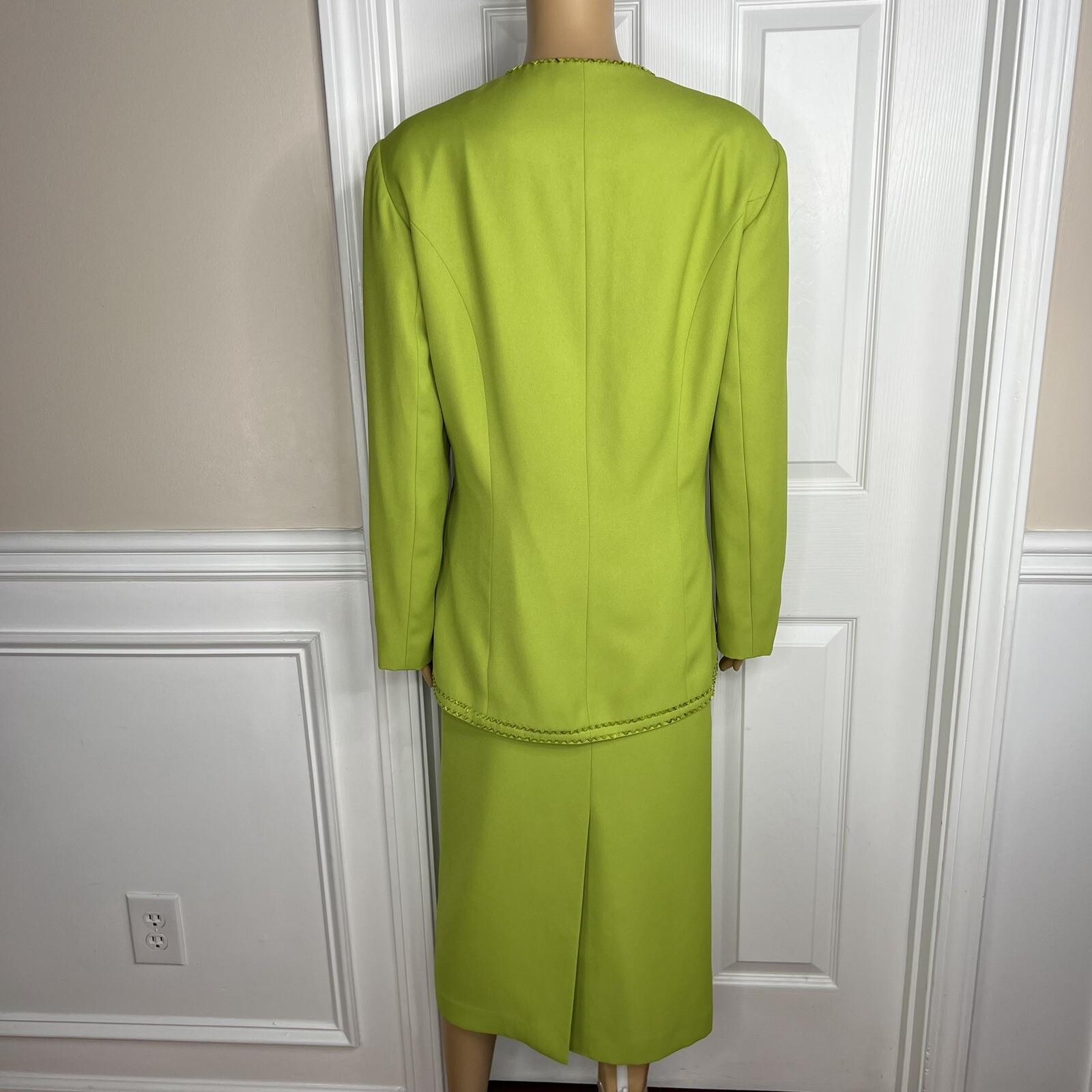 K&B Polyester Skirt Suit Top 16 Lime Green Embroidered Beaded Open Front 2PC