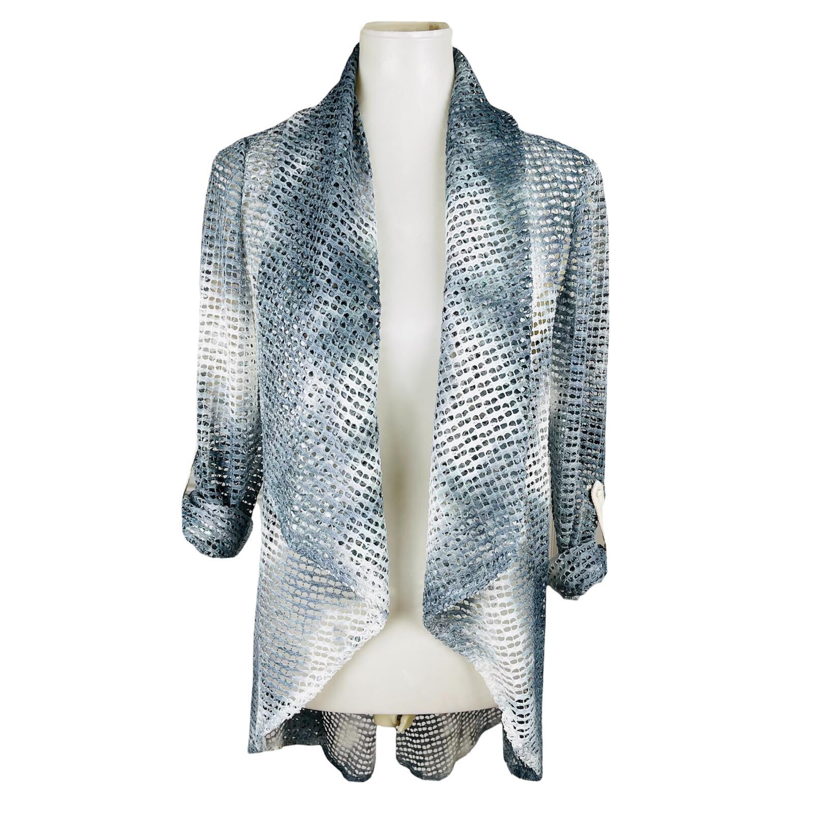 ALBERTO MAKALI Ivory Gray Overlay Cascading With drape Open Front Cardigan Sz M