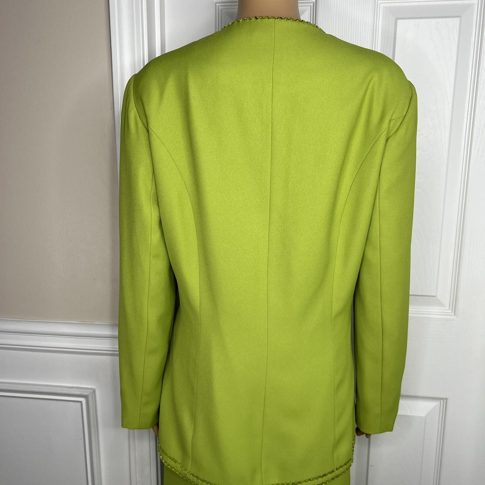 K&B Polyester Skirt Suit Top 16 Lime Green Embroidered Beaded Open Front 2PC