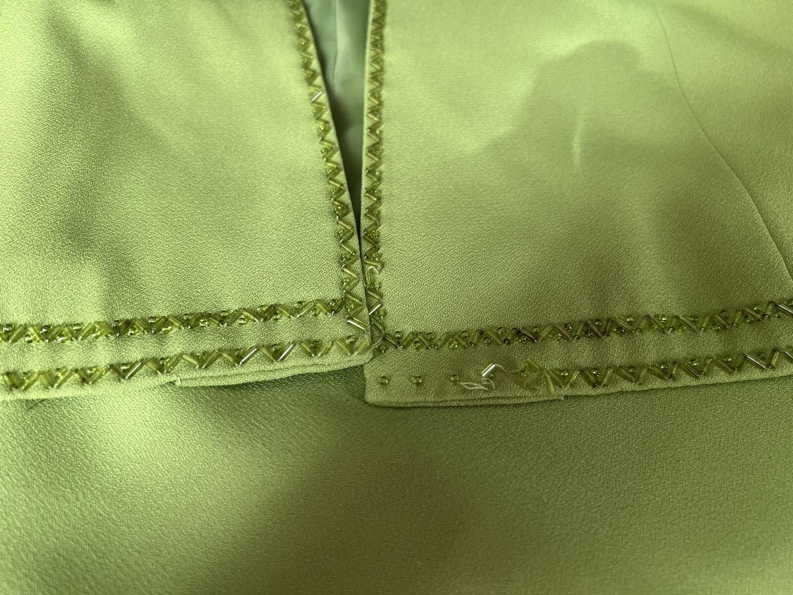K&B Polyester Skirt Suit Top 16 Lime Green Embroidered Beaded Open Front 2PC