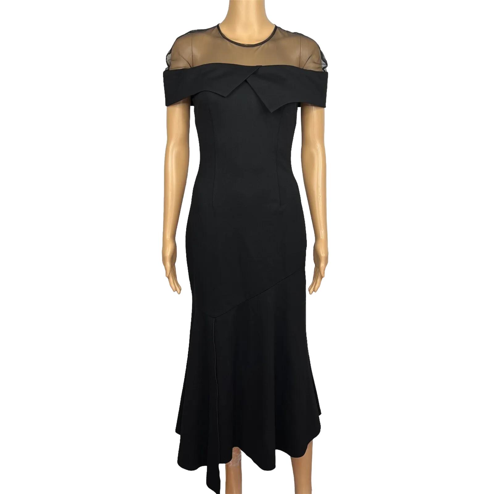 New ELLIATT Black Asymmetrical Bodycon Stretch Fishnet Cocktail Midi Dress SZ S