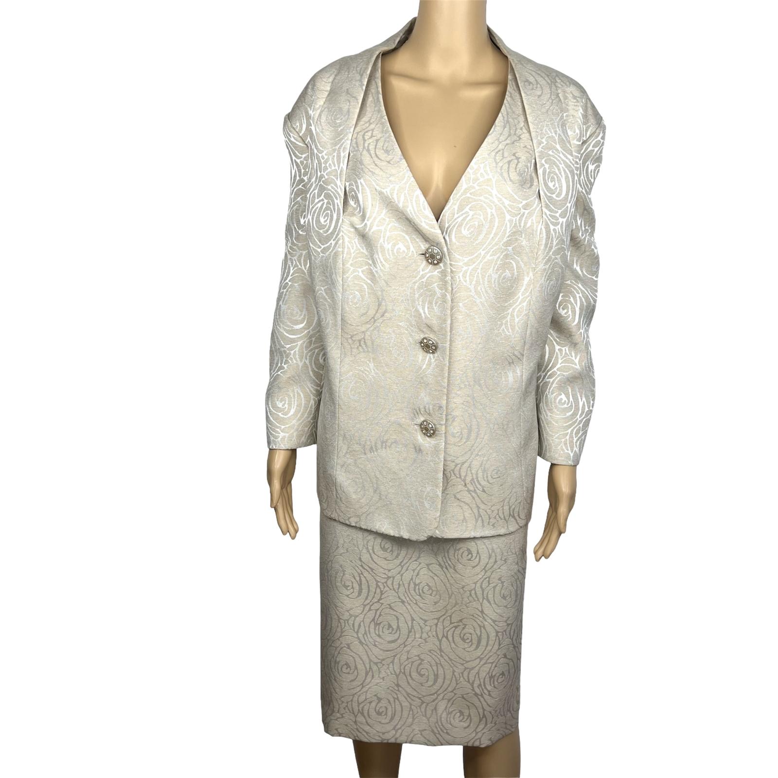 KASPER 2PC Beige Silver Polyester Stand Up Collar Cocktail Skirt Suit Size 24W