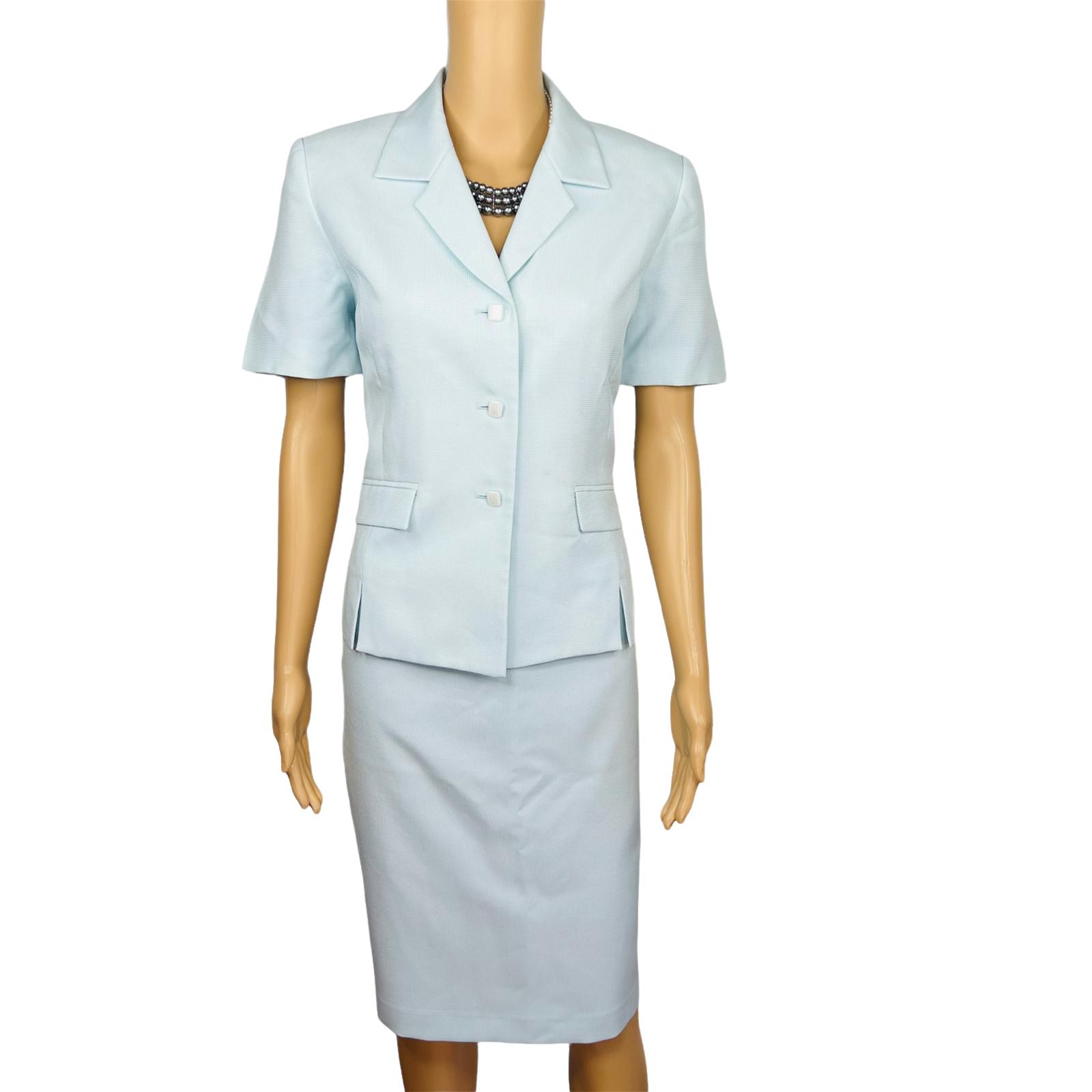 KASPER ASL 2PC Sky Blue Polyester Lined Short Sleeves Career Skirt Suit Size 6