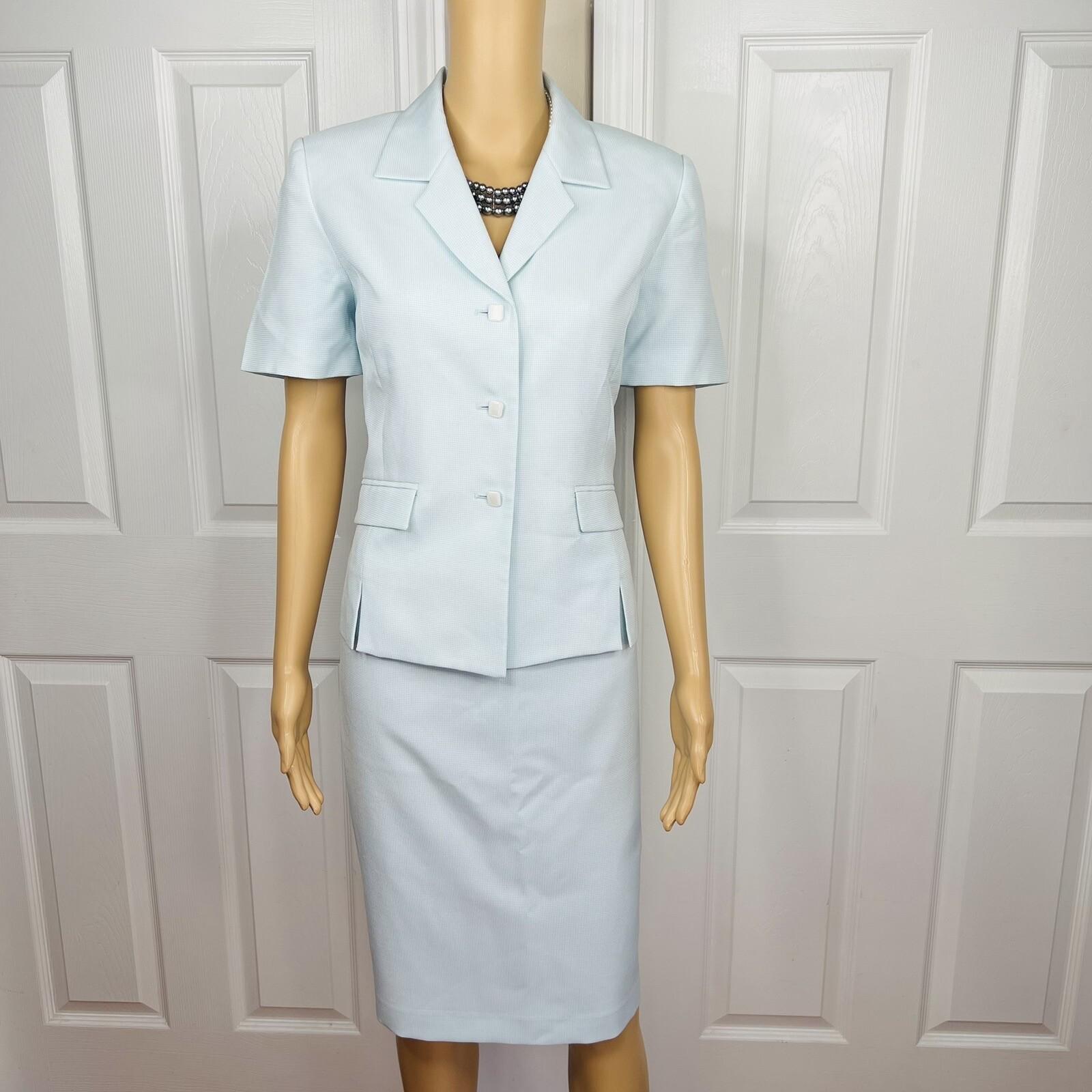KASPER ASL 2PC Sky Blue Polyester Lined Short Sleeves Career Skirt Suit Size 6