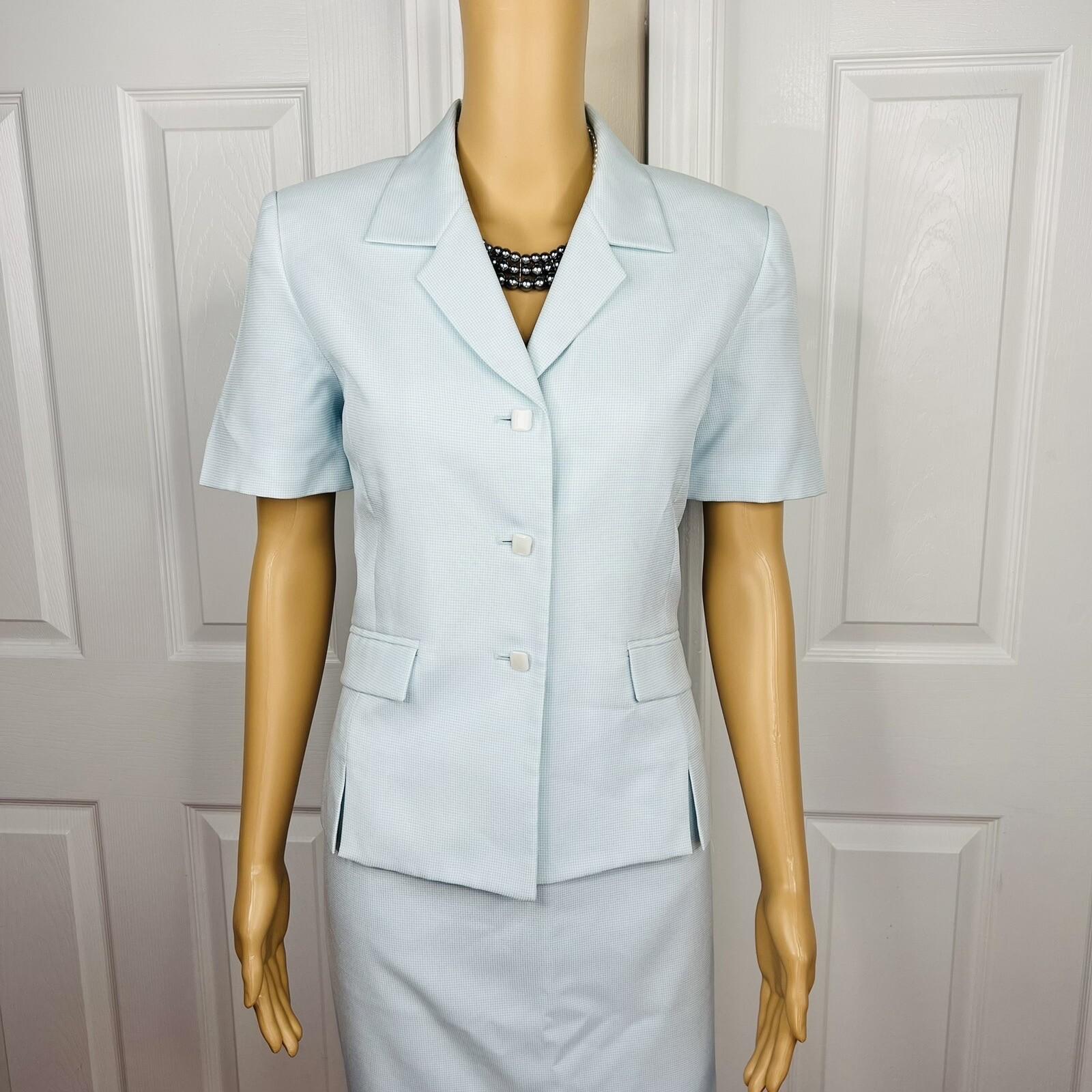 KASPER ASL 2PC Sky Blue Polyester Lined Short Sleeves Career Skirt Suit Size 6