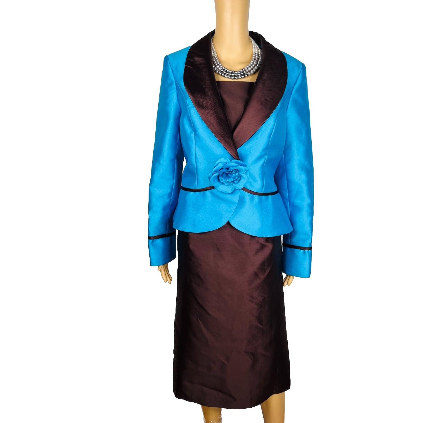 Lily &Taylor Polyester Metallic Skirt Suit 10 Blue Brown Pleated Ruffle 2PC