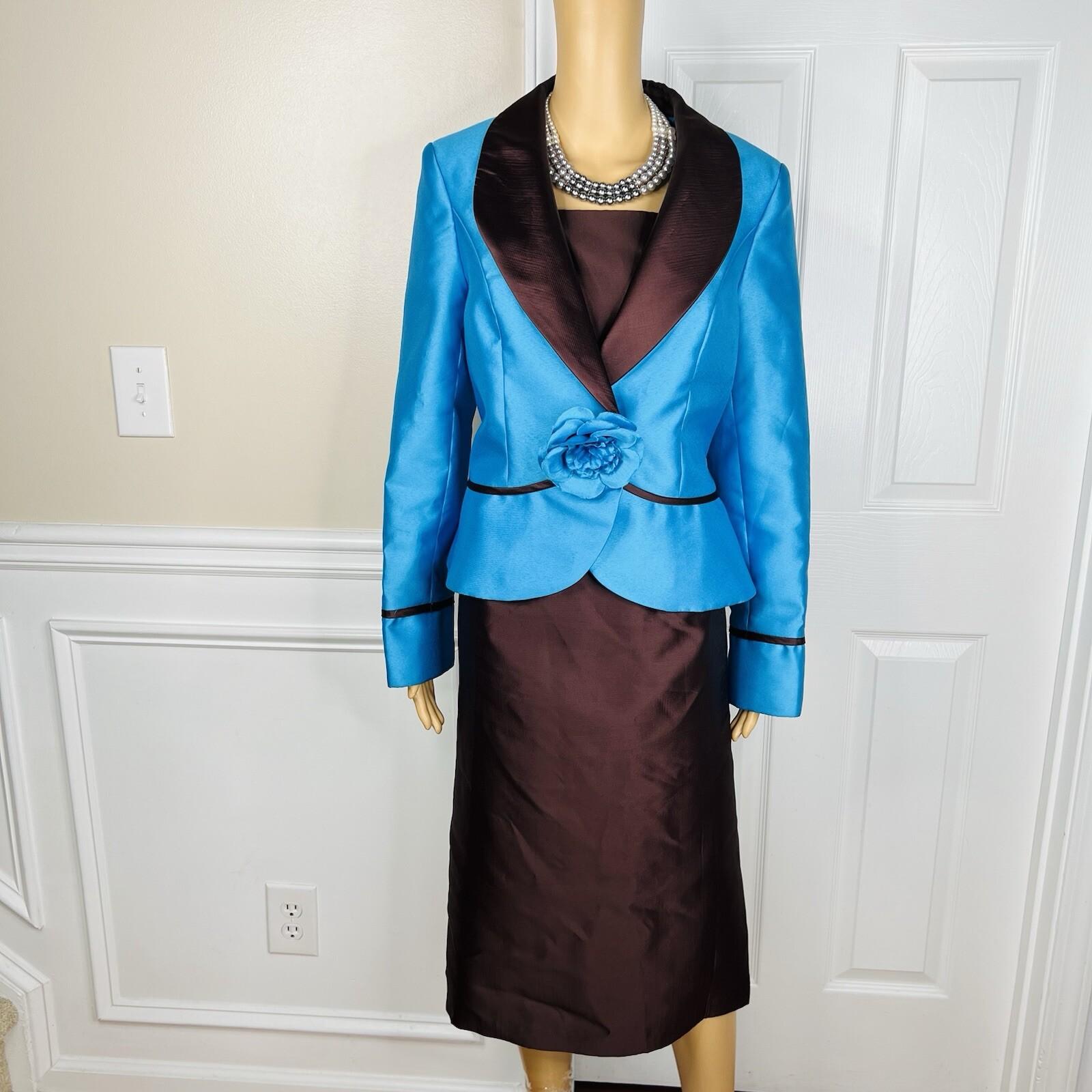 Lily &Taylor Polyester Metallic Skirt Suit 10 Blue Brown Pleated Ruffle 2PC