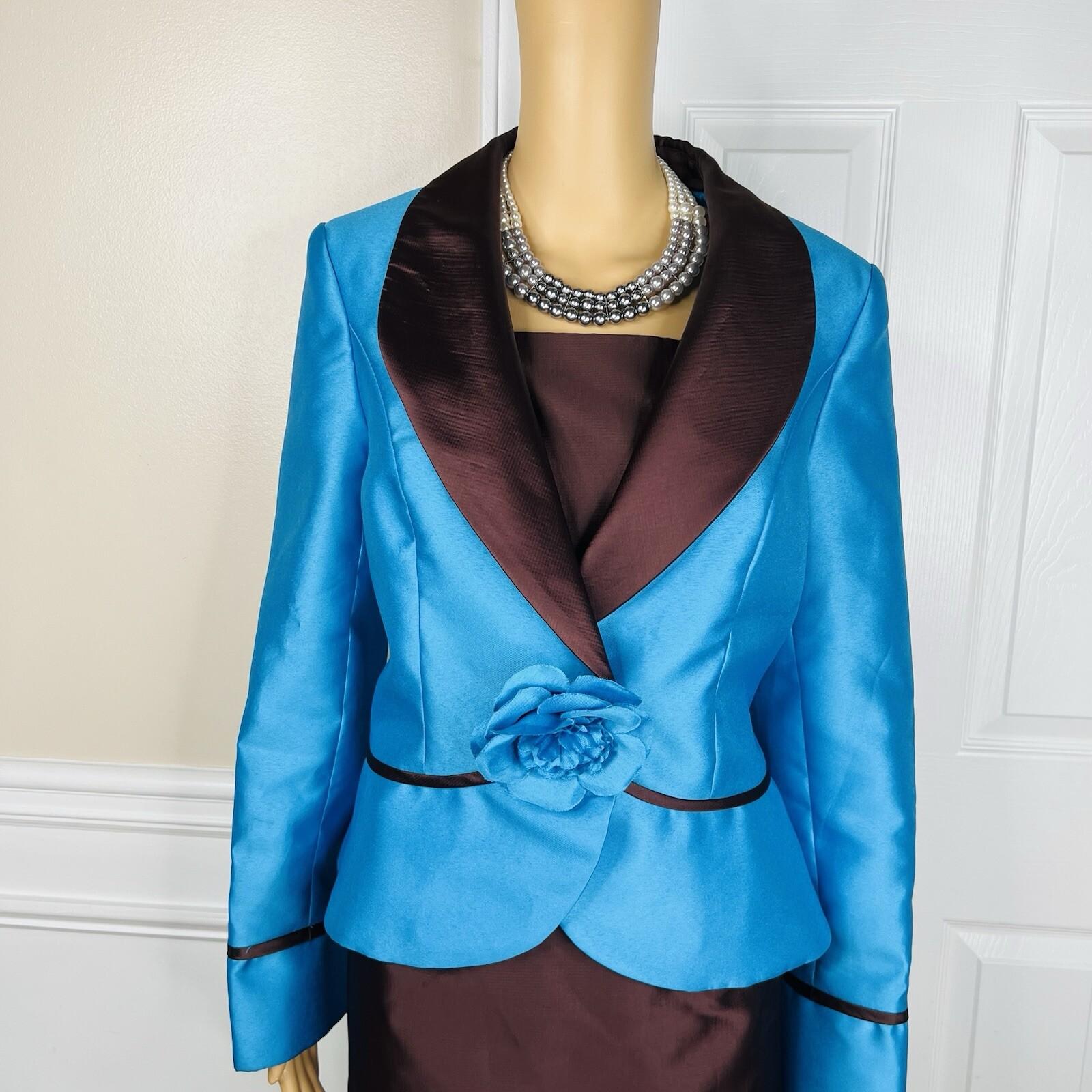 Lily &Taylor Polyester Metallic Skirt Suit 10 Blue Brown Pleated Ruffle 2PC