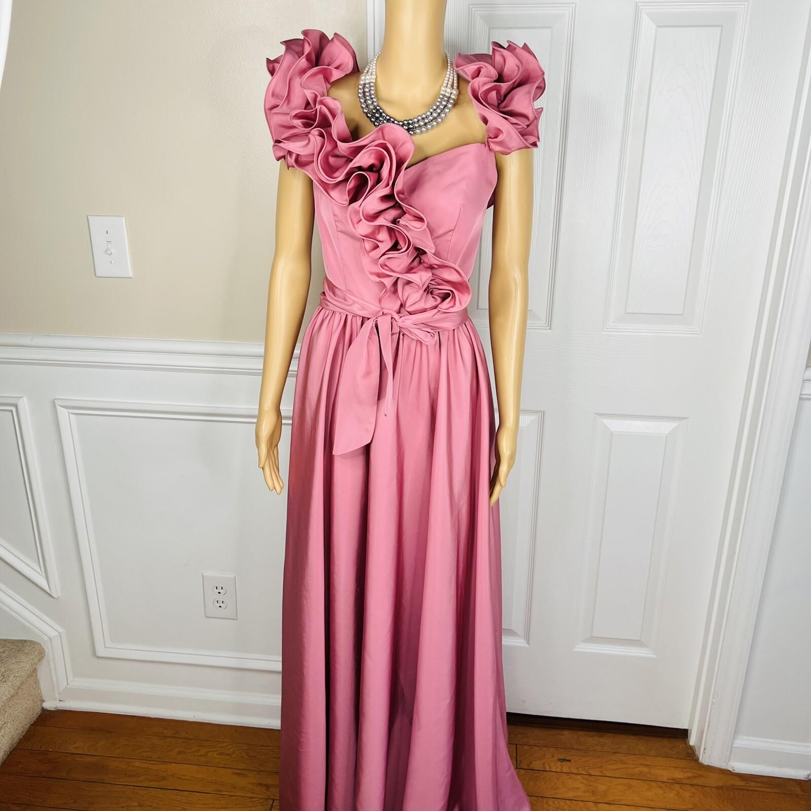 ILGWU Vintage Cottage Chic Dress 8 Purple Ruffle Drop Waist Maxi Gown Belted