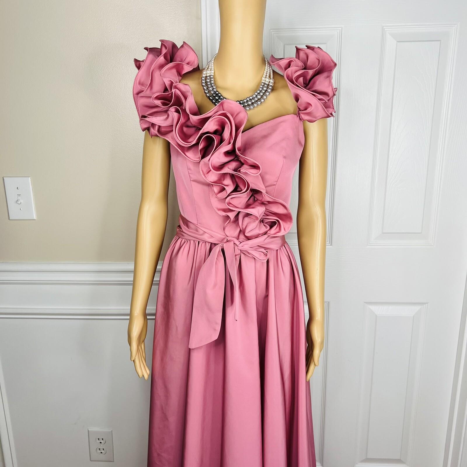 ILGWU Vintage Cottage Chic Dress 8 Purple Ruffle Drop Waist Maxi Gown Belted