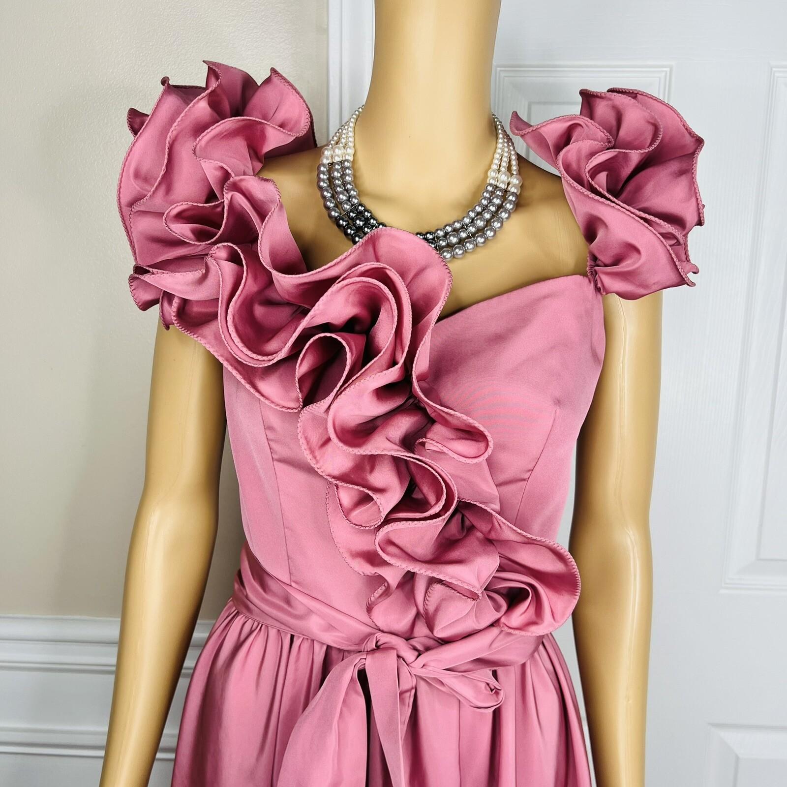 ILGWU Vintage Cottage Chic Dress 8 Purple Ruffle Drop Waist Maxi Gown Belted