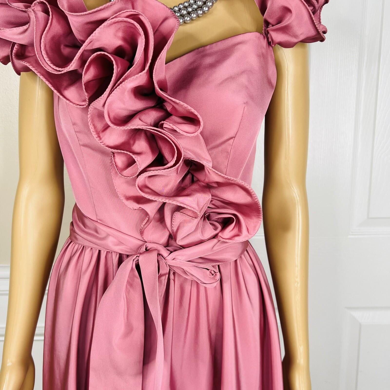 ILGWU Vintage Cottage Chic Dress 8 Purple Ruffle Drop Waist Maxi Gown Belted
