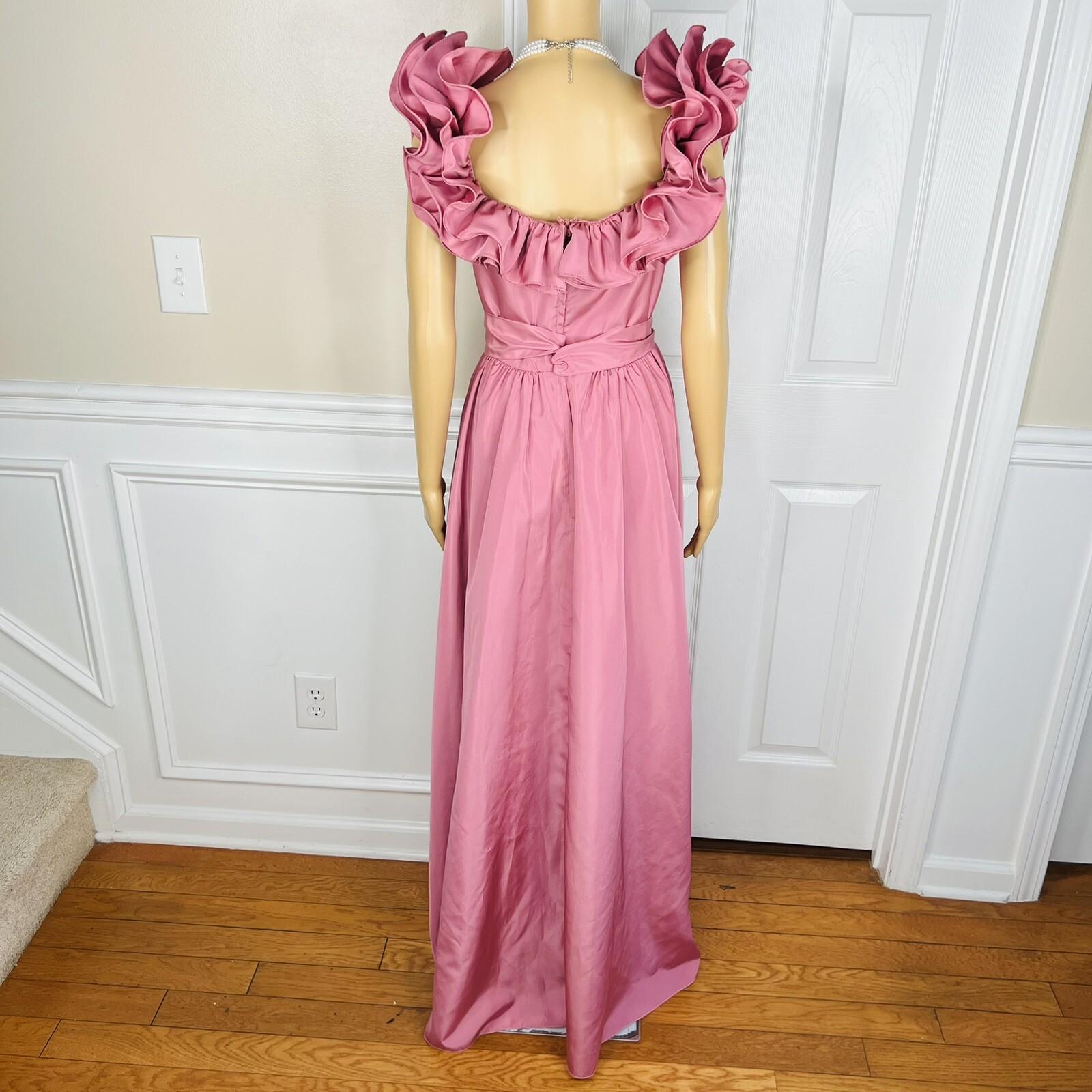 ILGWU Vintage Cottage Chic Dress 8 Purple Ruffle Drop Waist Maxi Gown Belted