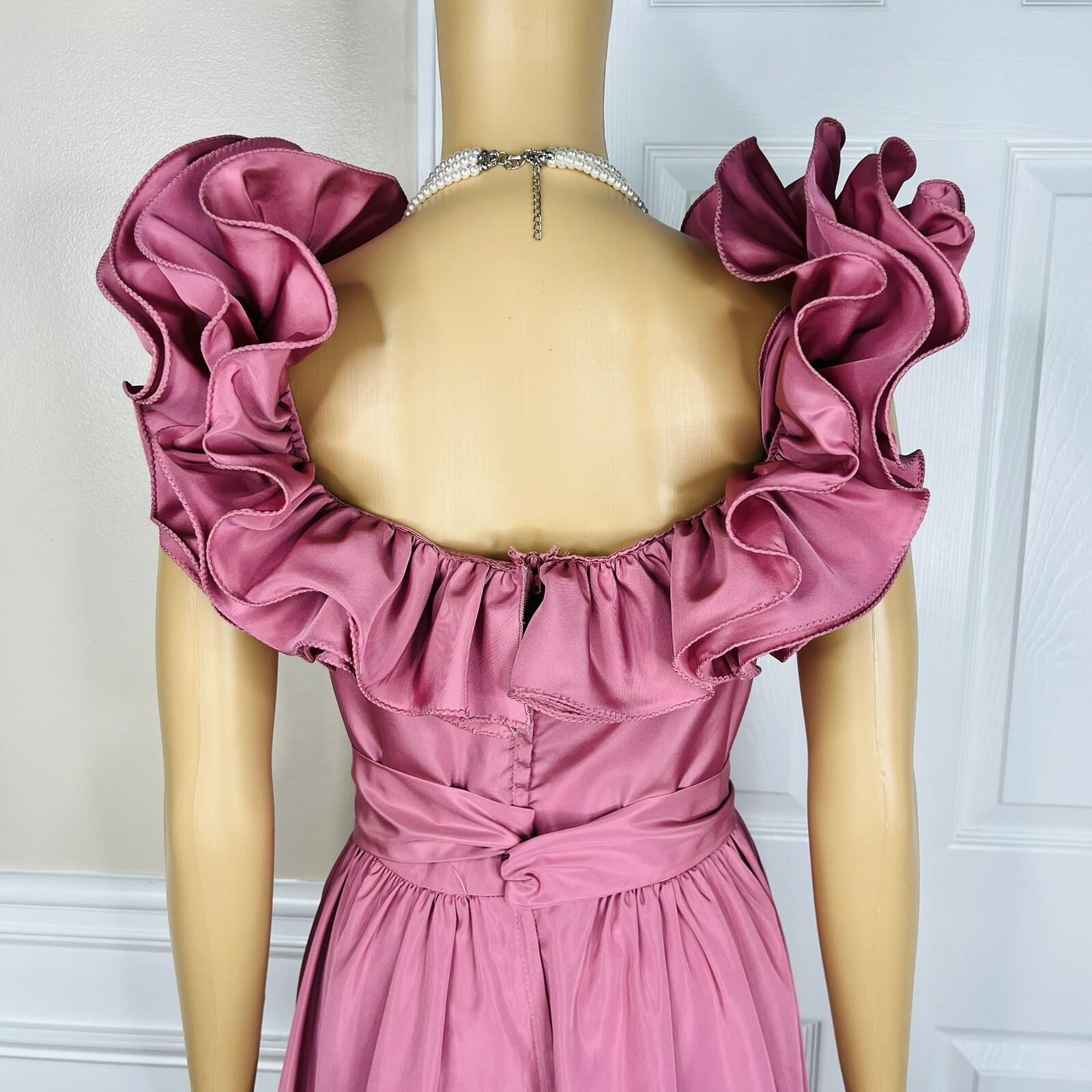 ILGWU Vintage Cottage Chic Dress 8 Purple Ruffle Drop Waist Maxi Gown Belted