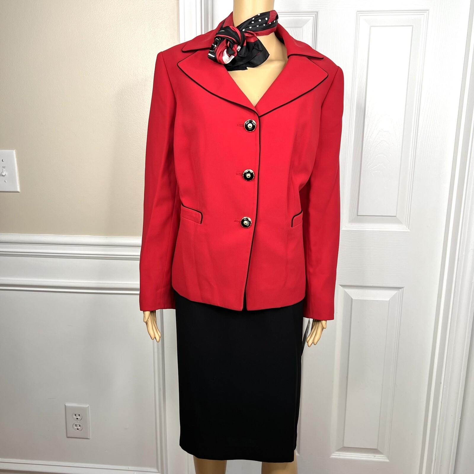 New KASPER 3PC Red Black Polyester Lined Cocktail Skirt Suit Size  14W Twill