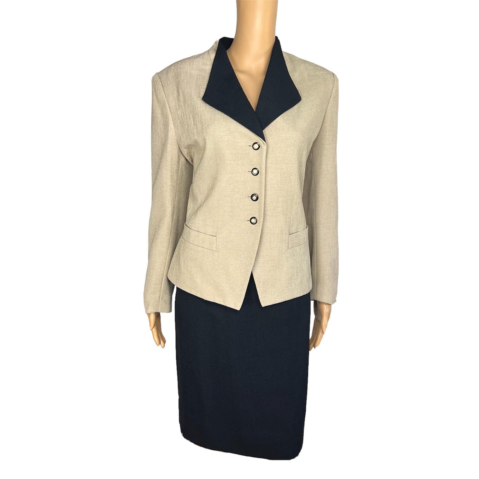 10-7565.jpg Kasper ASL Polyester Skirt 10 Suit 10P Beige Black Stand Up Collar Lined 2PC